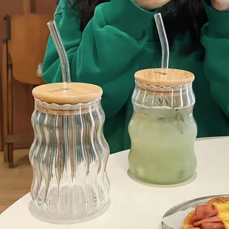 1pc 500ml/17oz High Borosilicate Straw Glass Cup, Straw Coffee Cup With Wooden Lid, Suitable For Outdoor Camping, Picnic, Gym Fitness