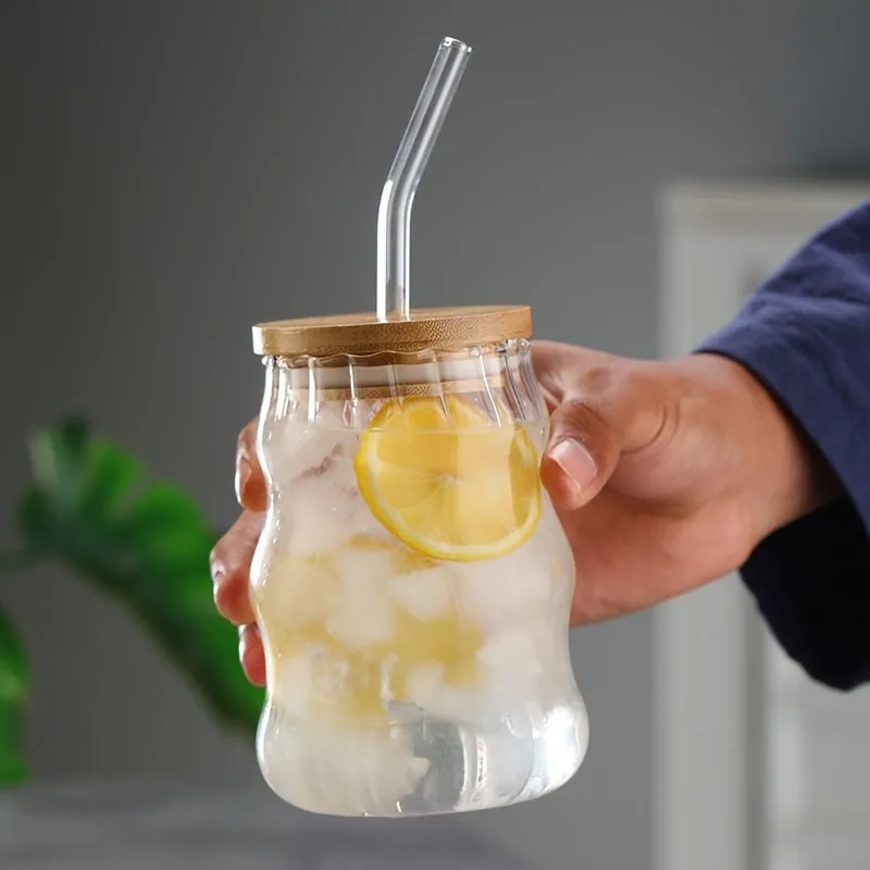 1pc 500ml/17oz High Borosilicate Straw Glass Cup, Straw Coffee Cup With Wooden Lid, Suitable For Outdoor Camping, Picnic, Gym Fitness
