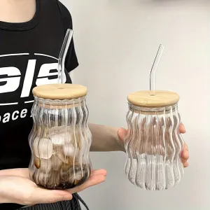 1pc 500ml/17oz High Borosilicate Straw Glass Cup, Straw Coffee Cup With Wooden Lid, Suitable For Outdoor Camping, Picnic, Gym Fitness