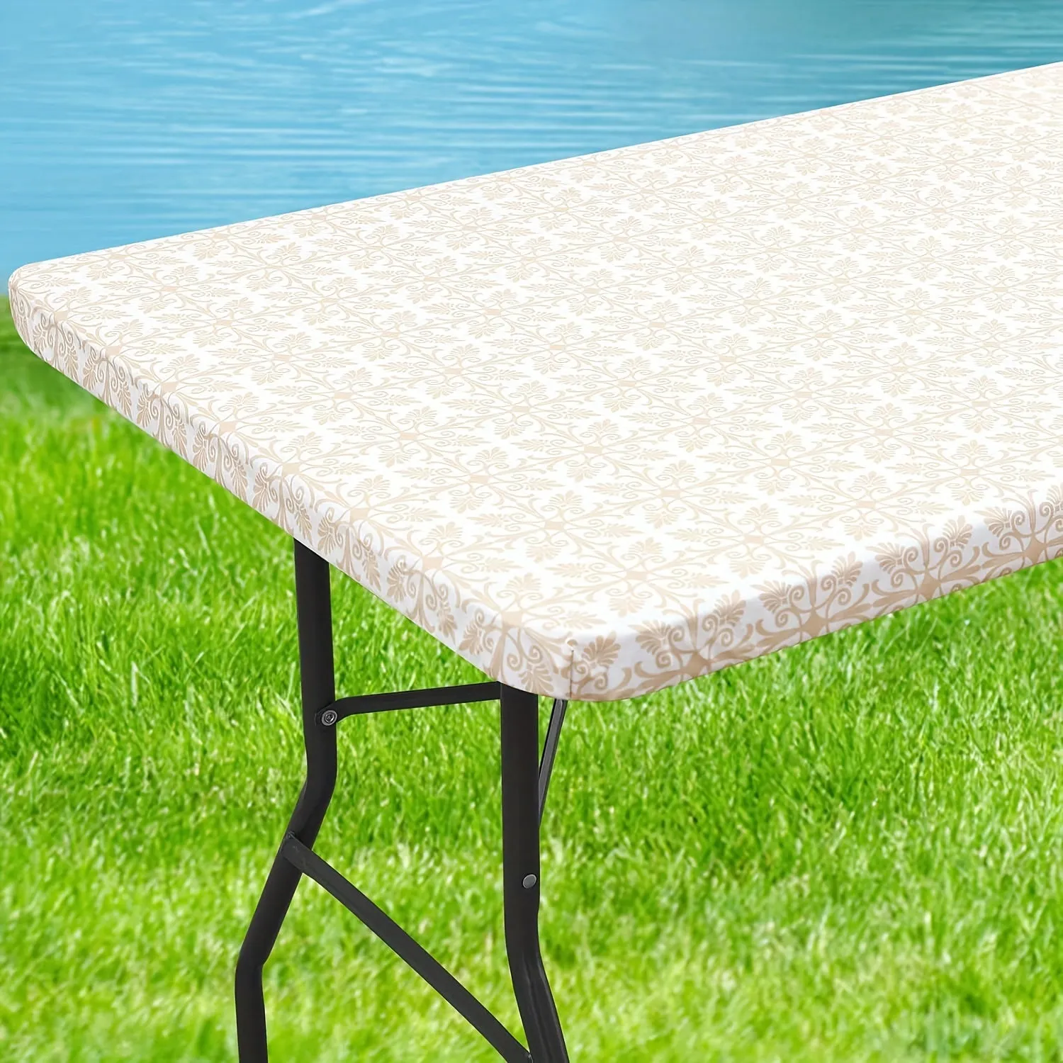 1pc Baroque Vinyl Rectangle Table Cover - Waterproof Tablecloths with Elastic Edge and Fleece Backing for Picnic, Camping, Outdoor Use, Decorative Home Supplies with Easy Clean and Durable Performance