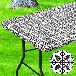 1pc Baroque Vinyl Rectangle Table Cover - Waterproof Tablecloths with Elastic Edge and Fleece Backing for Picnic, Camping, Outdoor Use, Decorative Home Supplies with Easy Clean and Durable Performance