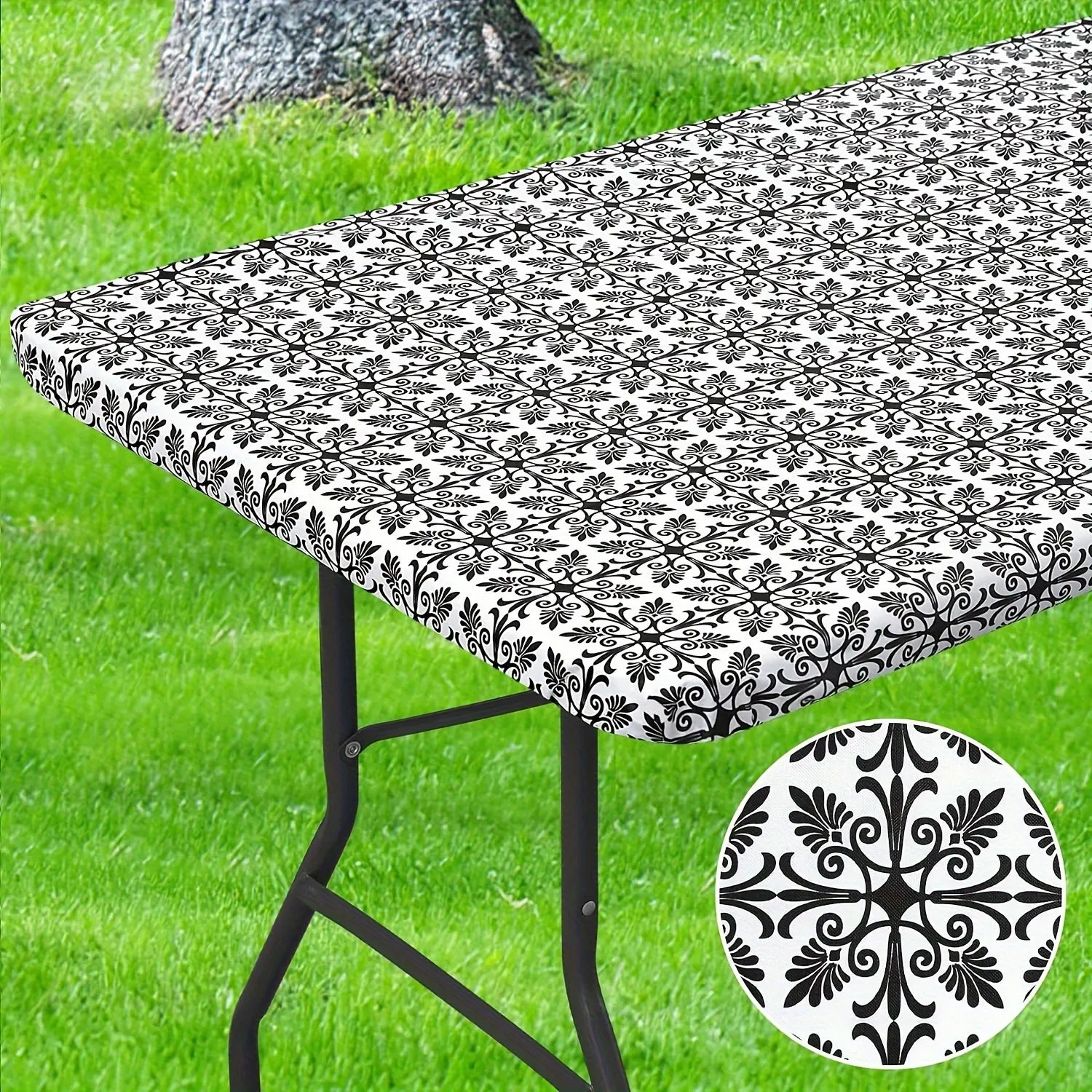 1pc Baroque Vinyl Rectangle Table Cover - Waterproof Tablecloths with Elastic Edge and Fleece Backing for Picnic, Camping, Outdoor Use, Decorative Home Supplies with Easy Clean and Durable Performance
