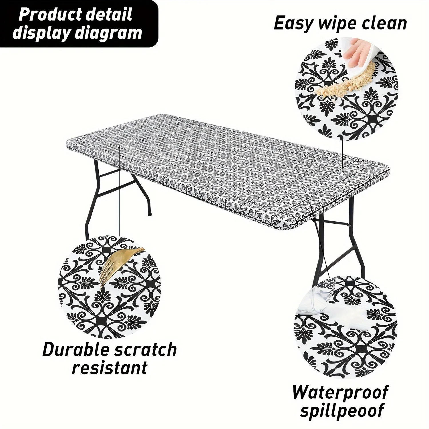 1pc Baroque Vinyl Rectangle Table Cover - Waterproof Tablecloths with Elastic Edge and Fleece Backing for Picnic, Camping, Outdoor Use, Decorative Home Supplies with Easy Clean and Durable Performance