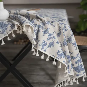 1pc Retro-Style Blue Rose Rectangular Tablecloth with Beige Fringe, Perfect for Kitchen Dining, Picnic, Buffet, Holiday Dinner, Party, Banquet, Restaurant, and Wedding Western Food Tables