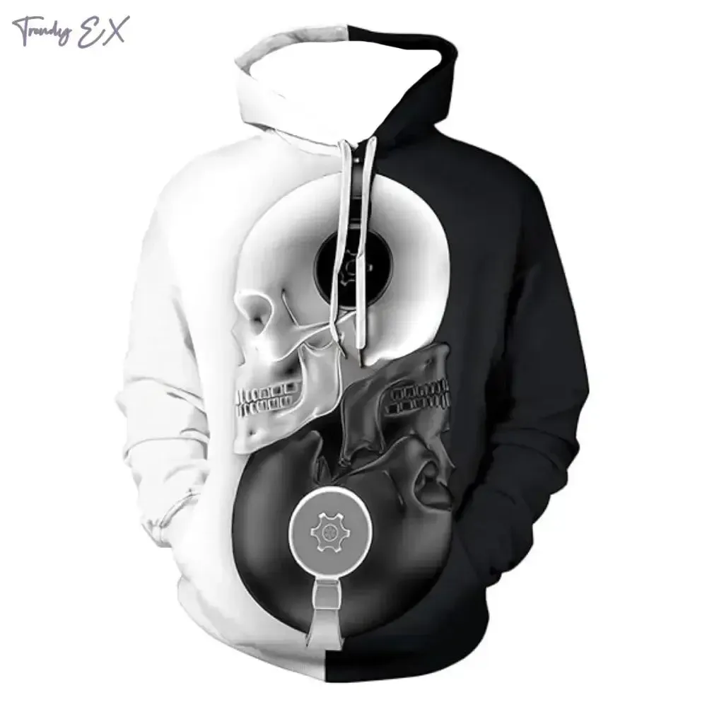 3D Skull Print Hoodie – Y2K Street Punk Pullover