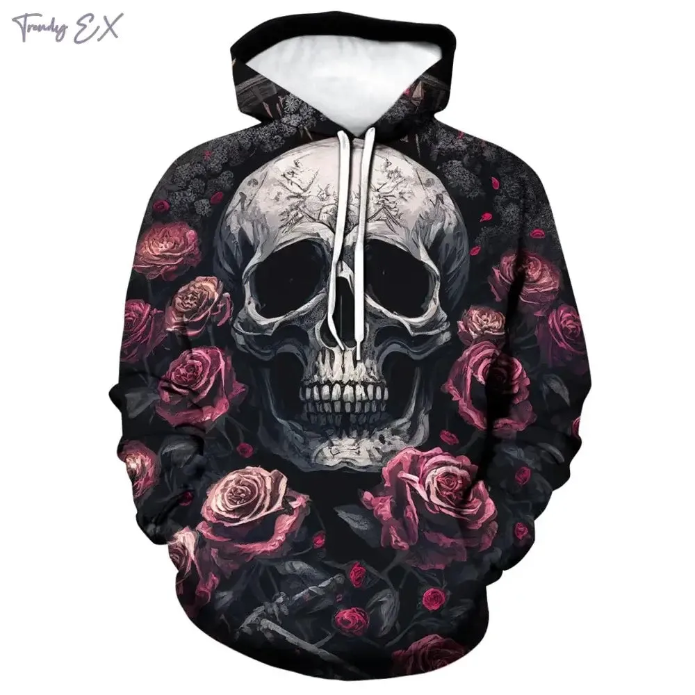 3D Skull Print Hoodie – Y2K Street Punk Pullover