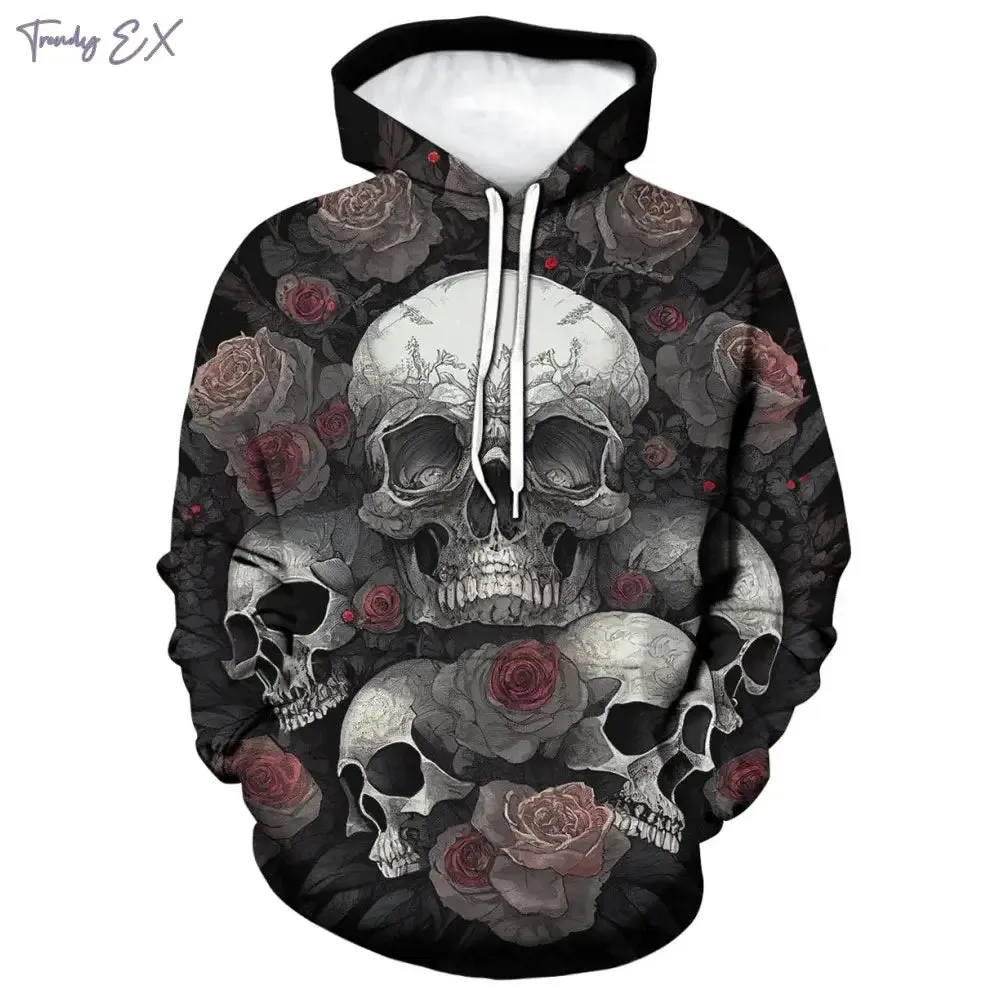 3D Skull Print Hoodie – Y2K Street Punk Pullover