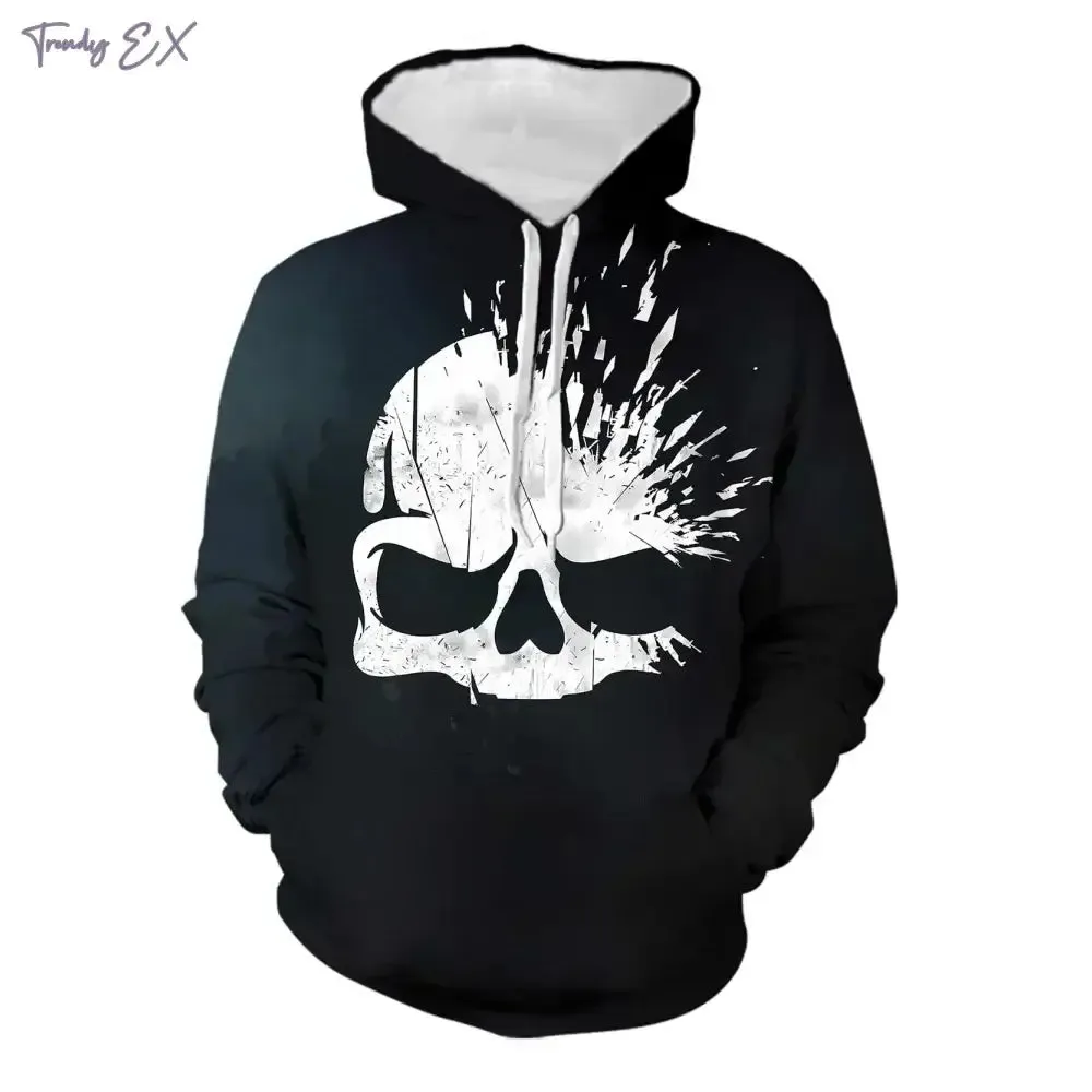 3D Skull Print Hoodie – Y2K Street Punk Pullover
