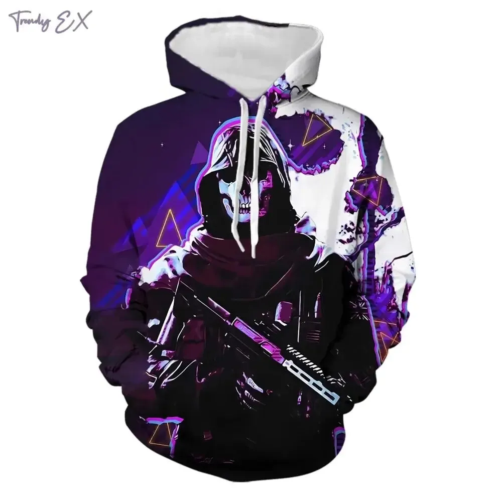 3D Skull Print Hoodie – Y2K Street Punk Pullover