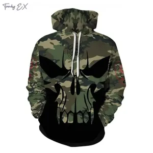 3D Skull Print Hoodie – Y2K Street Punk Pullover