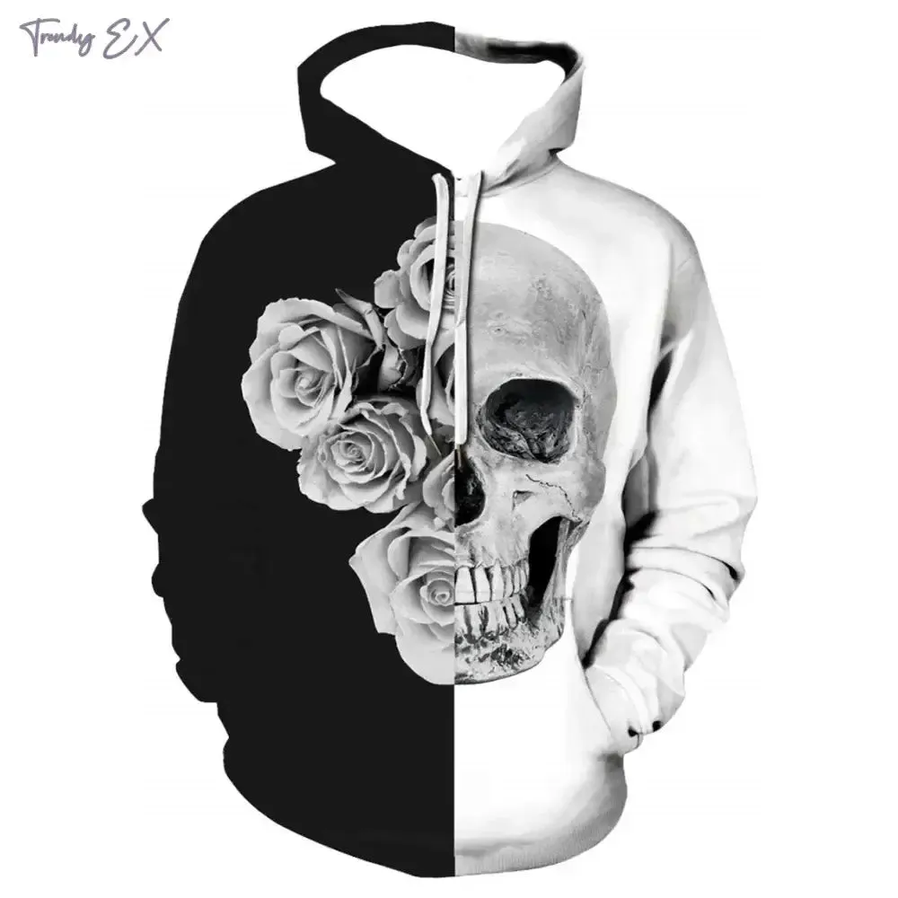 3D Skull Print Hoodie – Y2K Street Punk Pullover