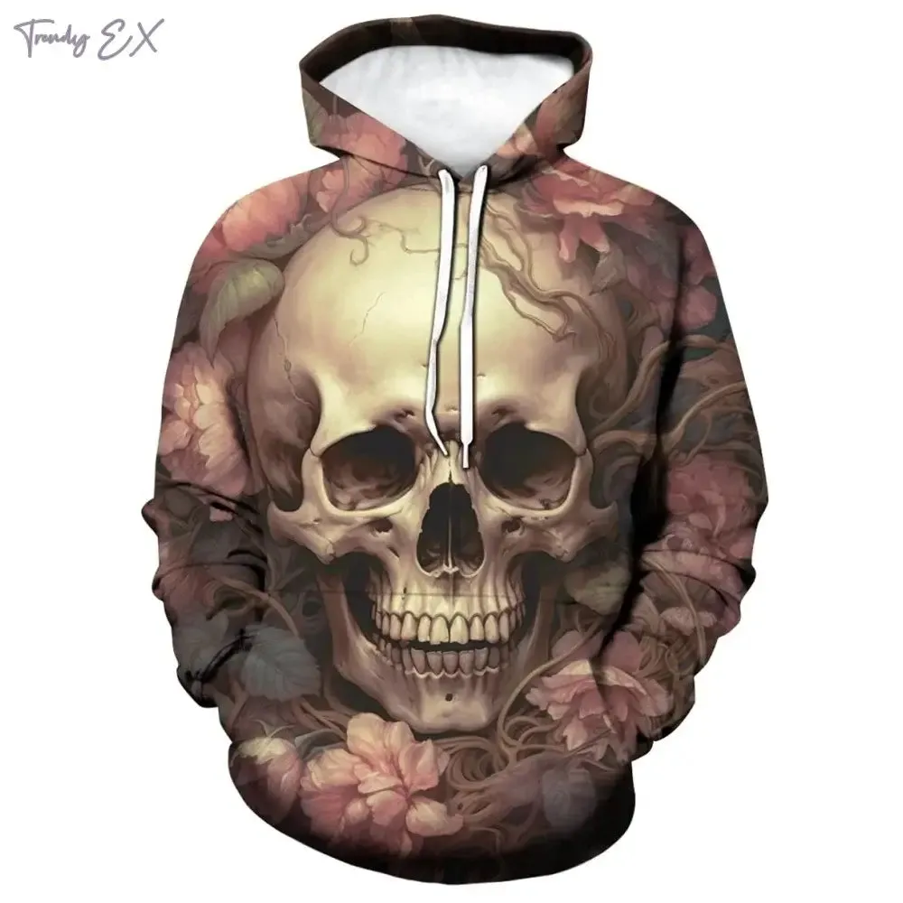 3D Skull Print Hoodie – Y2K Street Punk Pullover