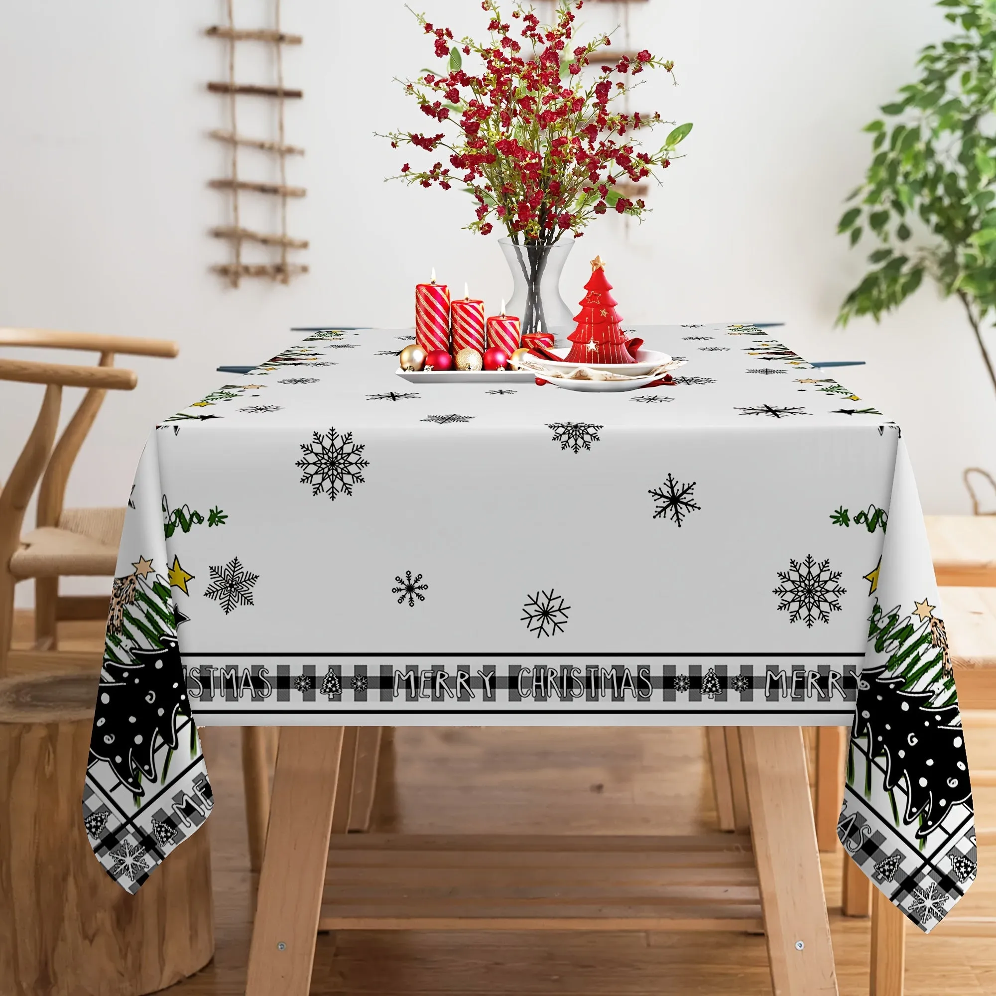 60x84 inches Festive Holiday Tablecloth - Vibrant Black and Red Plaid Rectangle Table Cover with Merry Christmas Border - Machine Woven, Washable, Stain-Resistant, Easy-Care, and Durable Polyester Fabric for Party, Picnic, and Dinner Decorations