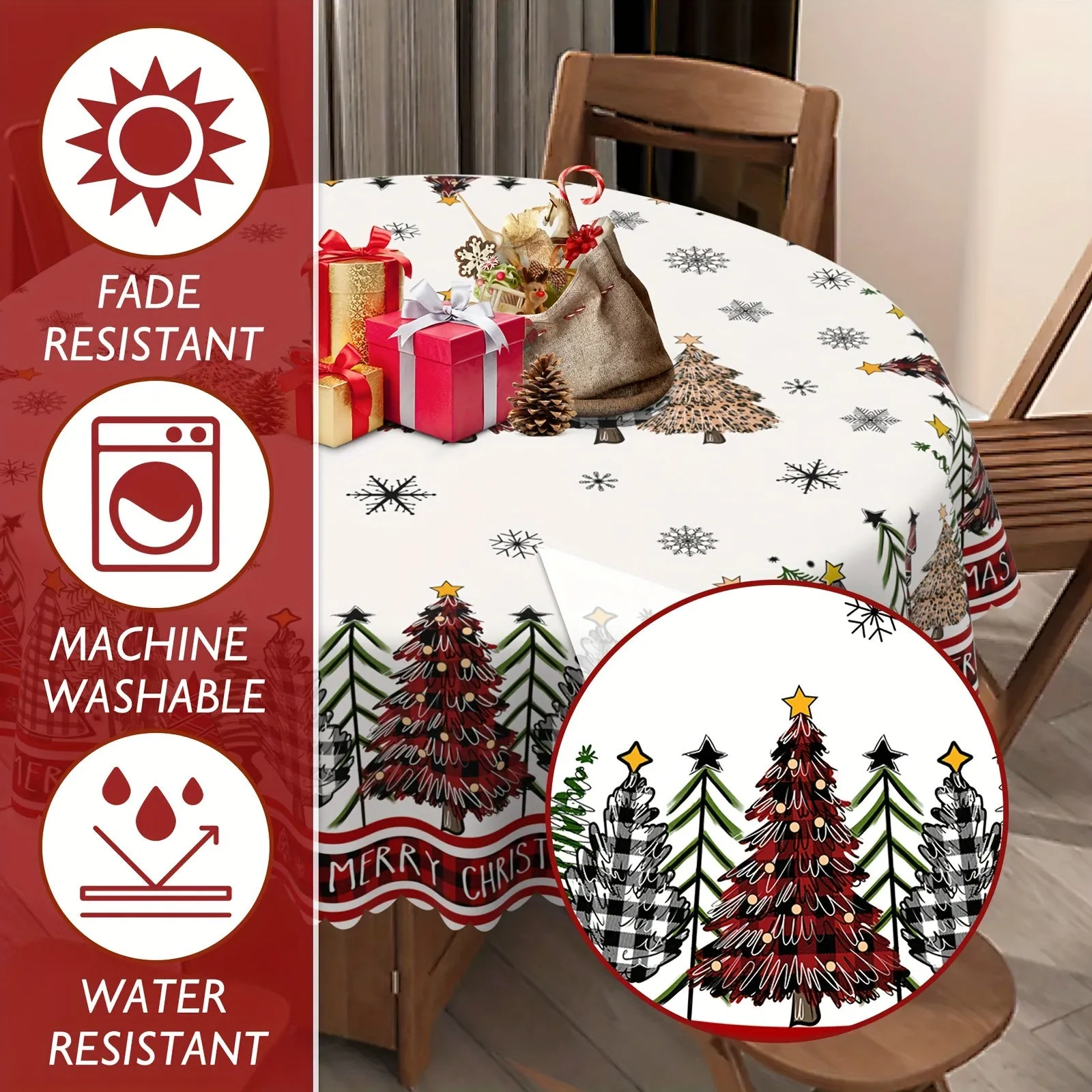 60x84 inches Festive Holiday Tablecloth - Vibrant Black and Red Plaid Rectangle Table Cover with Merry Christmas Border - Machine Woven, Washable, Stain-Resistant, Easy-Care, and Durable Polyester Fabric for Party, Picnic, and Dinner Decorations