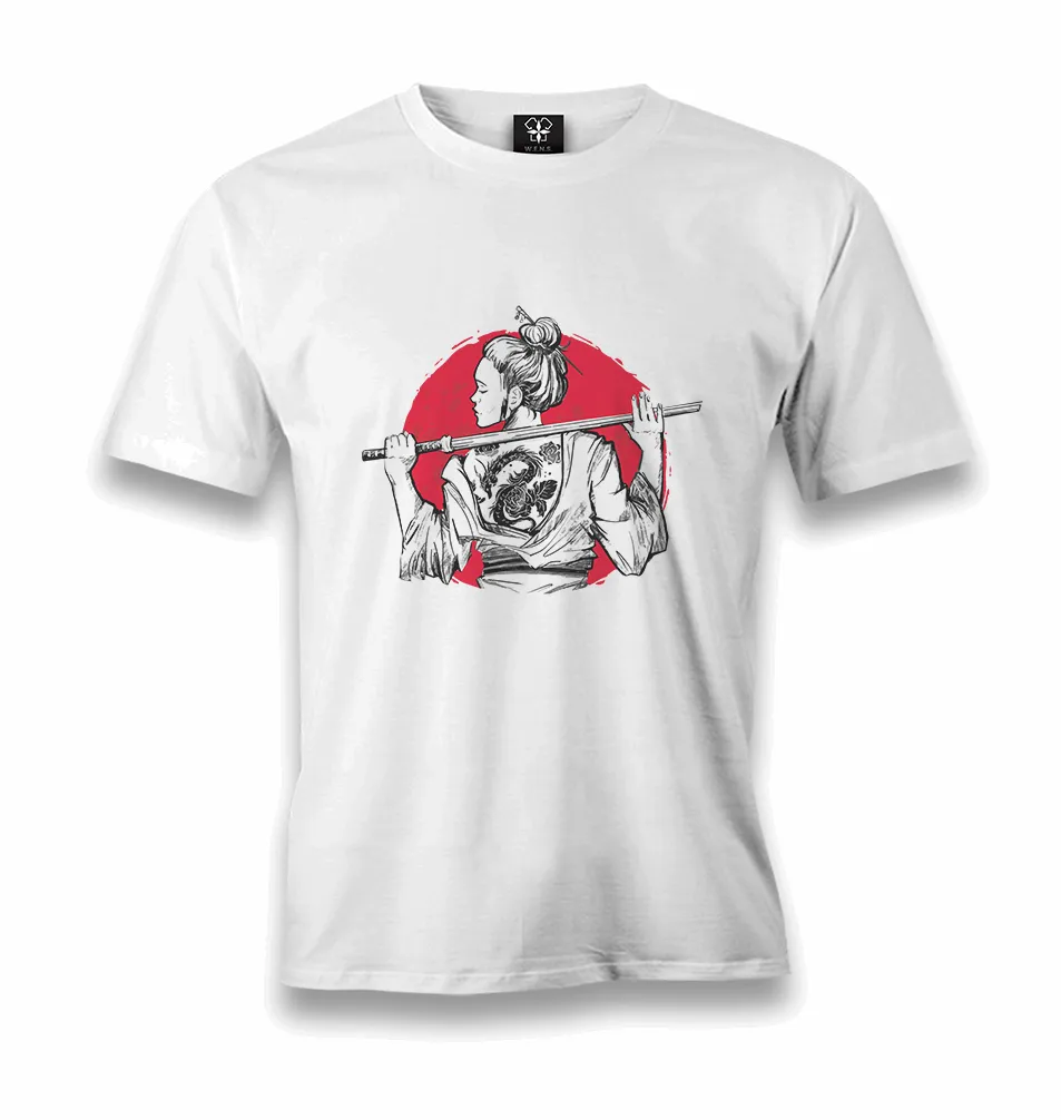 A Samurai Girl with a Tattoo on Her Back Men's White Tshirt