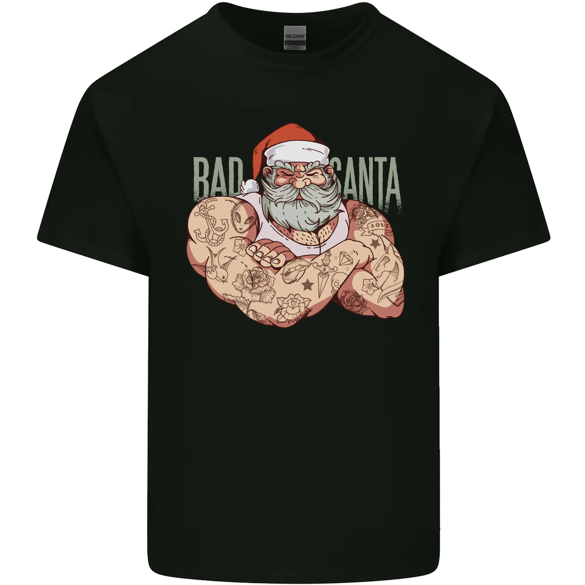 Bad Santa Christmas Tattoo Xmas Biker Gym Mens Light Cotton T-Shirt