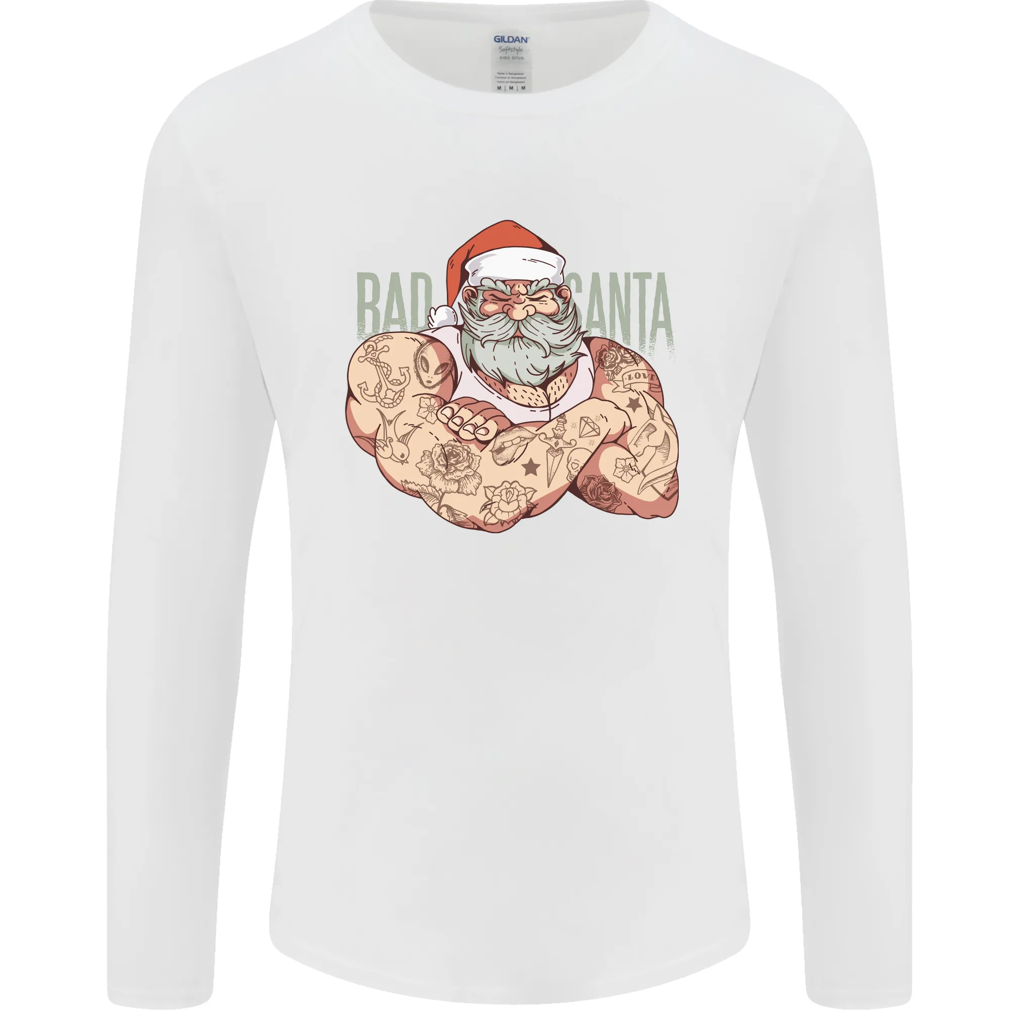 Bad Santa Christmas Tattoo Xmas Biker Gym Mens Long Sleeve T-Shirt