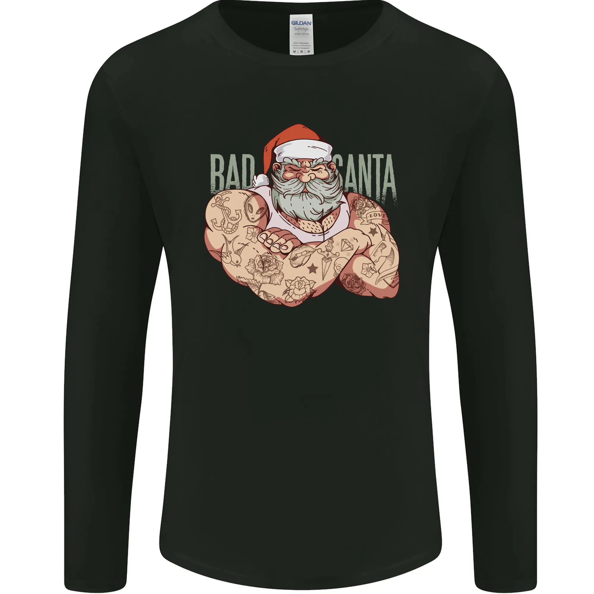Bad Santa Christmas Tattoo Xmas Biker Gym Mens Long Sleeve T-Shirt