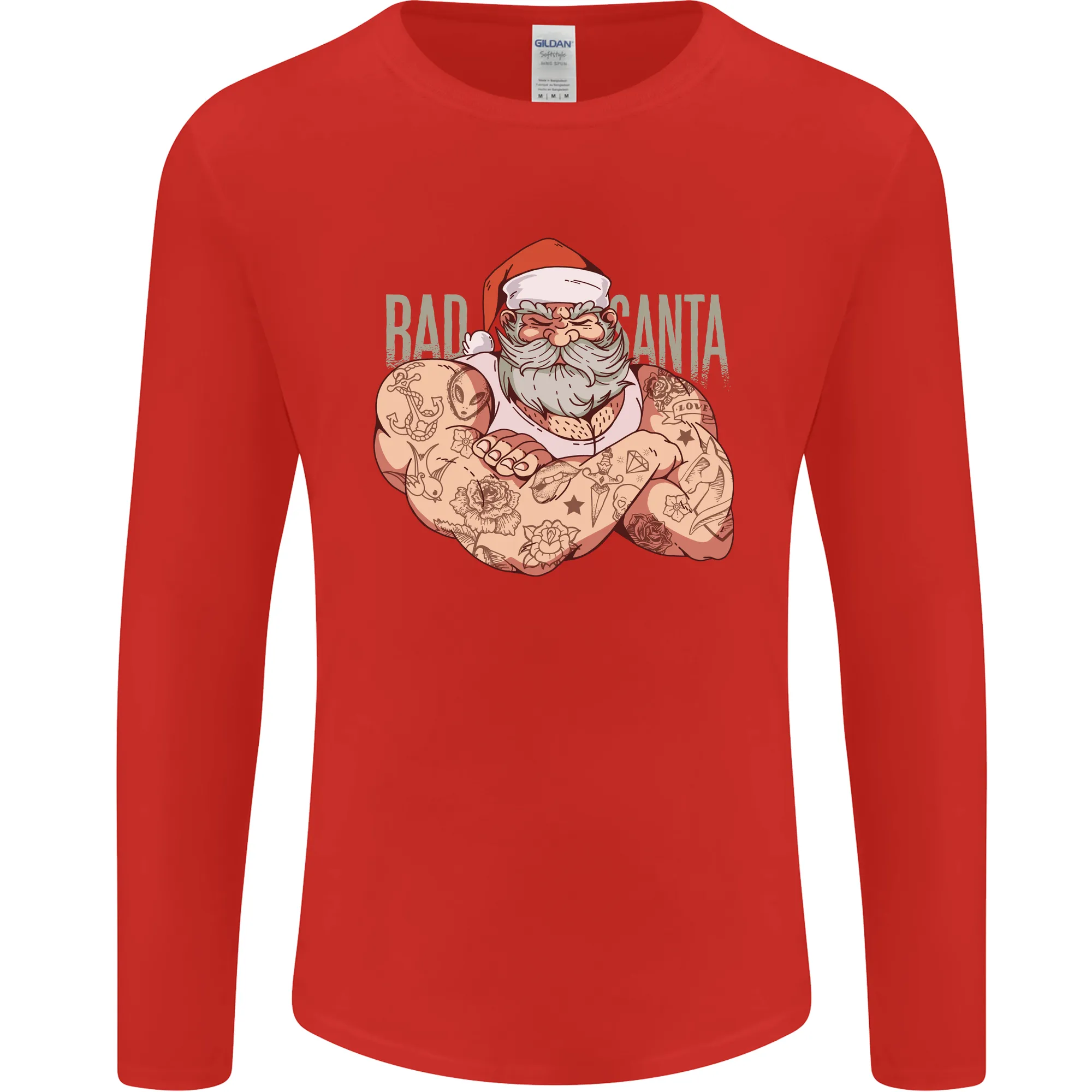 Bad Santa Christmas Tattoo Xmas Biker Gym Mens Long Sleeve T-Shirt