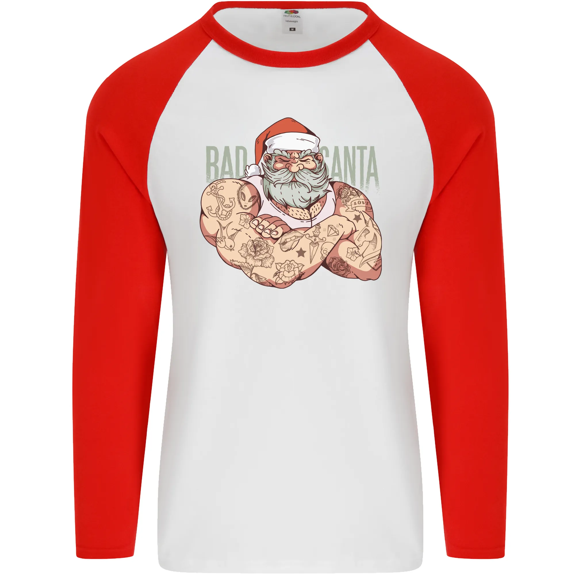 Bad Santa Christmas Tattoo Xmas Biker Gym Mens L/S Baseball T-Shirt