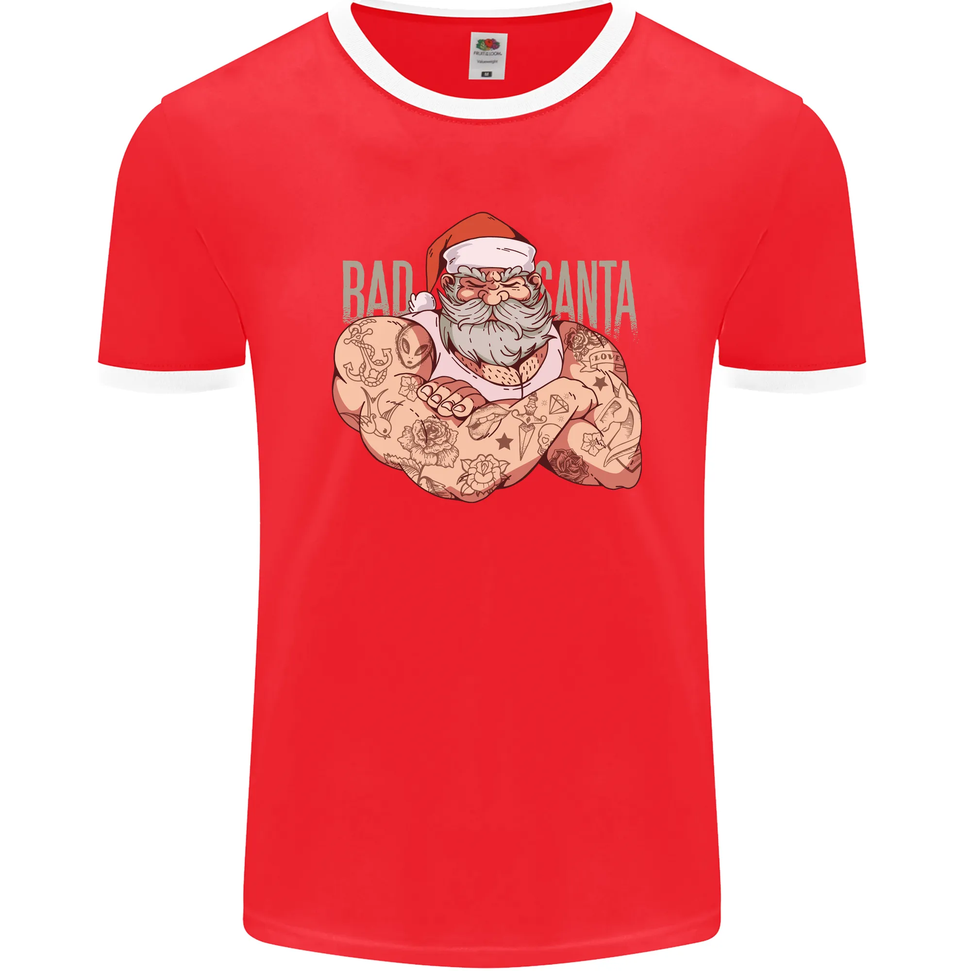 Bad Santa Christmas Tattoo Xmas Biker Gym Mens Ringer T-Shirt FotL