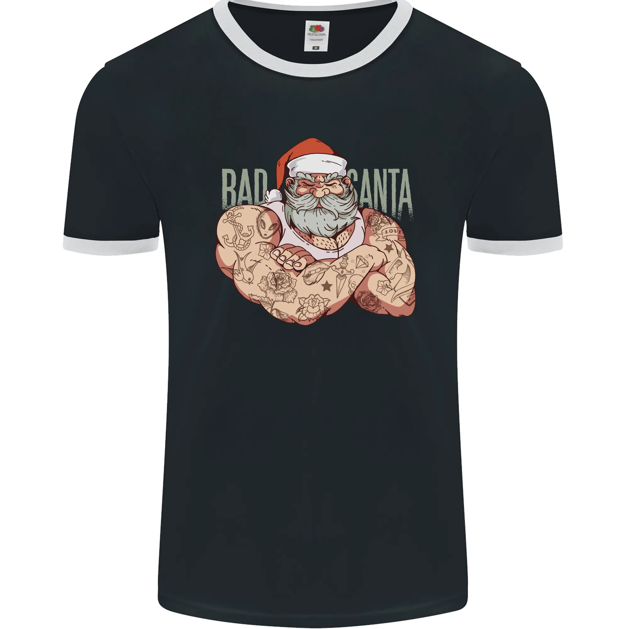 Bad Santa Christmas Tattoo Xmas Biker Gym Mens Ringer T-Shirt FotL