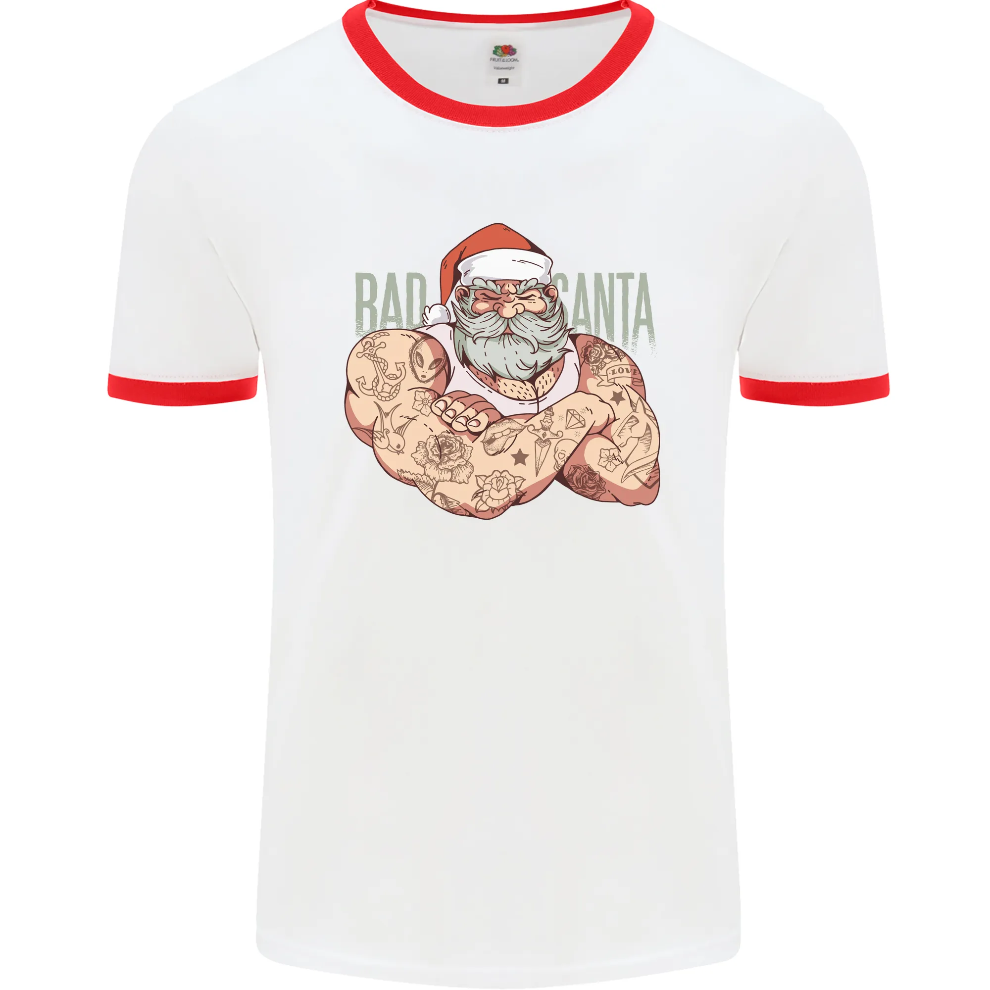 Bad Santa Christmas Tattoo Xmas Biker Gym Mens Ringer T-Shirt