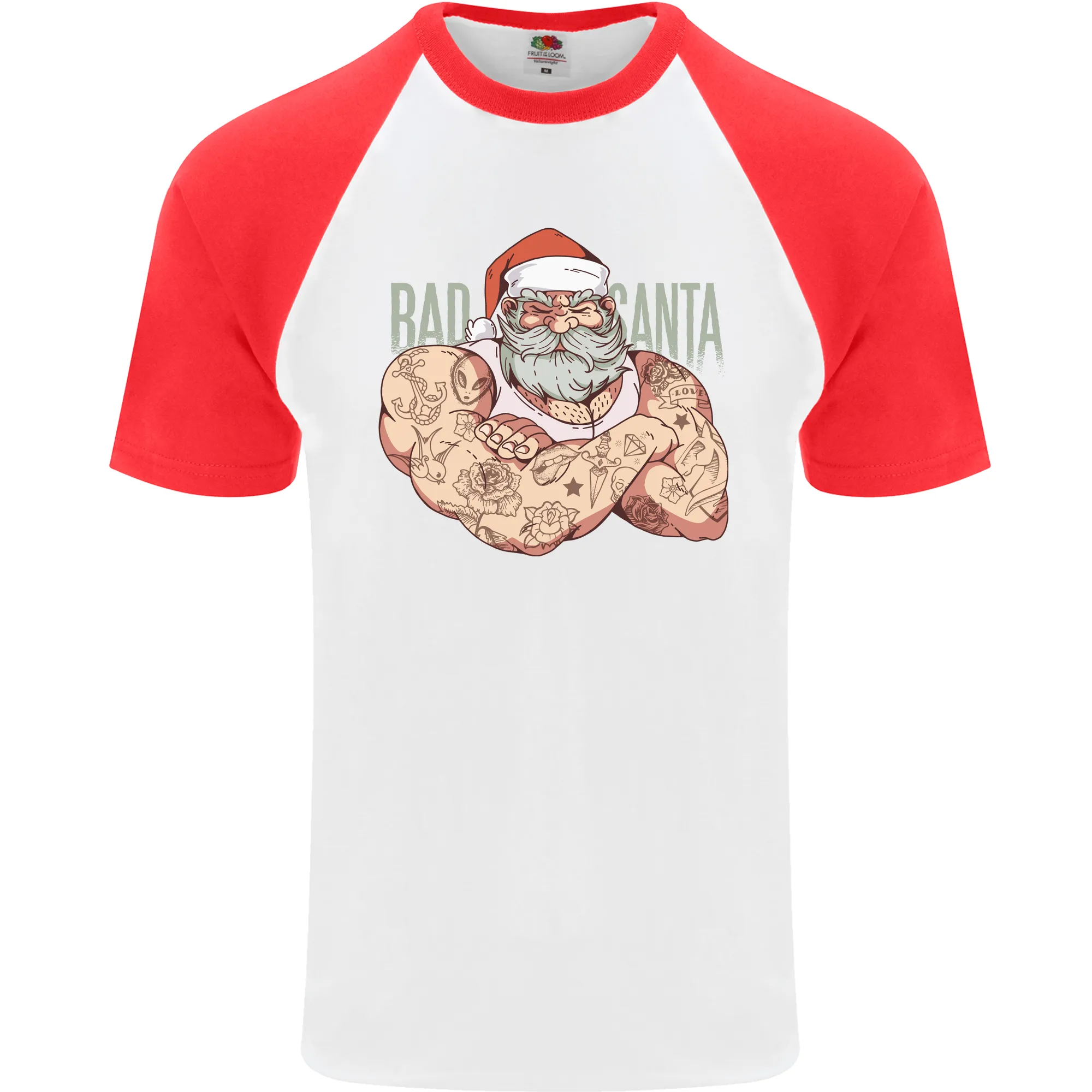 Bad Santa Christmas Tattoo Xmas Biker Gym Mens S/S Baseball T-Shirt