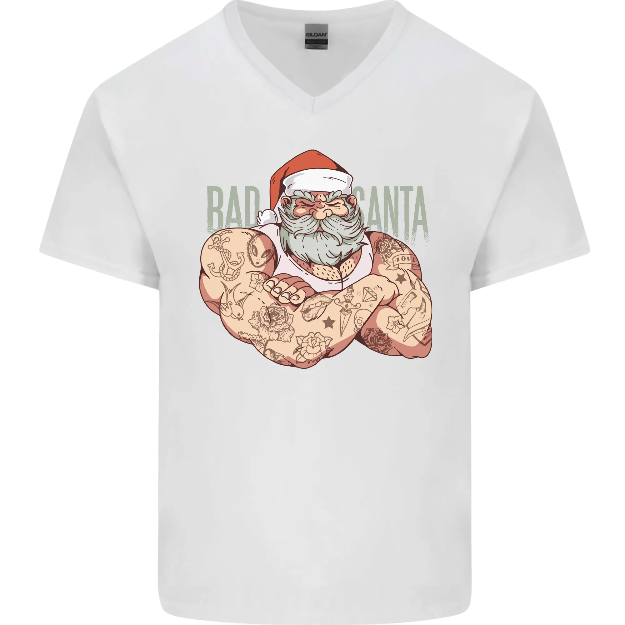 Bad Santa Christmas Tattoo Xmas Biker Gym Mens V-Neck Cotton T-Shirt
