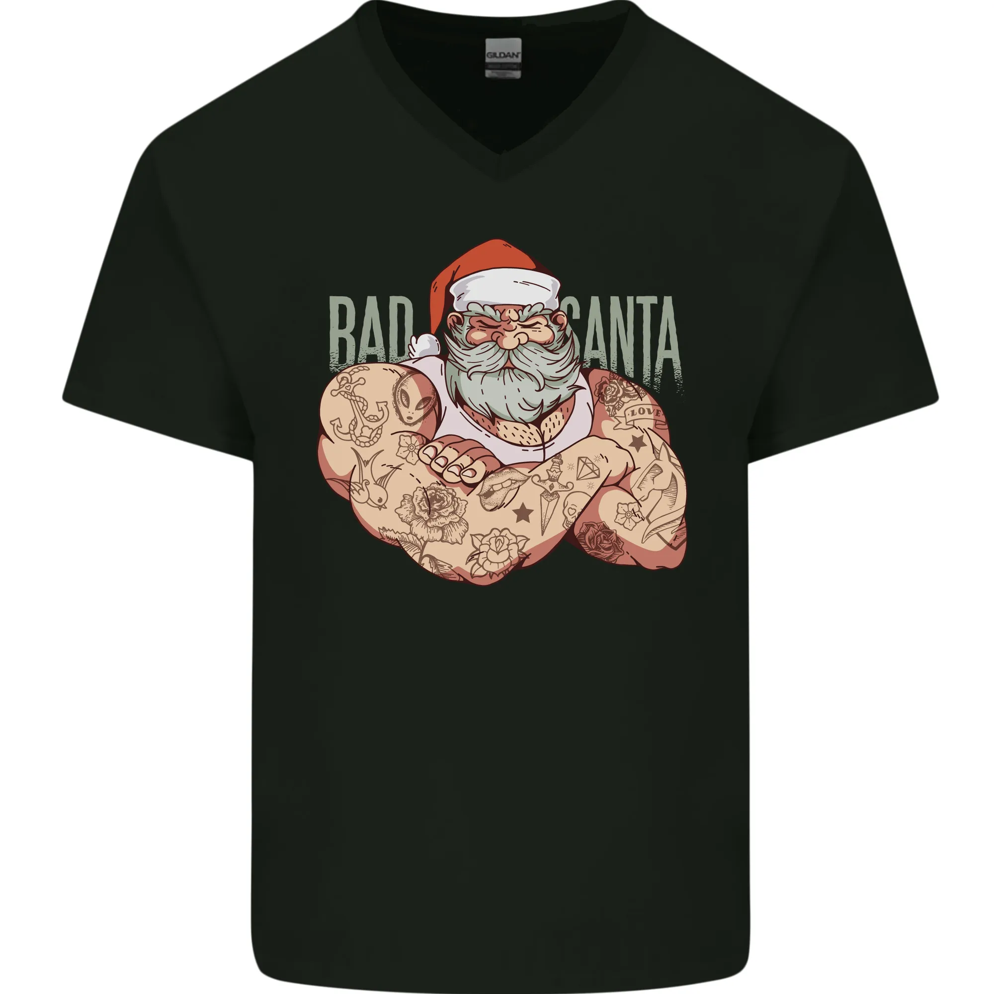 Bad Santa Christmas Tattoo Xmas Biker Gym Mens V-Neck Cotton T-Shirt