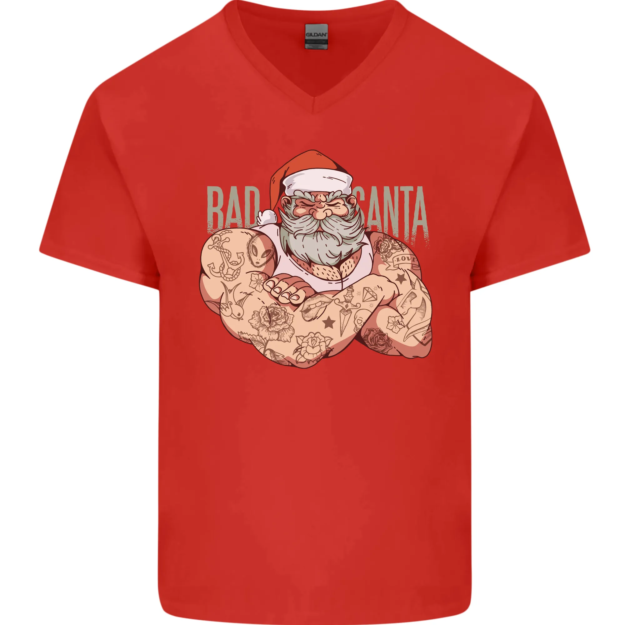 Bad Santa Christmas Tattoo Xmas Biker Gym Mens V-Neck Cotton T-Shirt