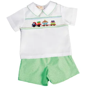 Birthday Haulin' Green Gingham Smocked Short Set