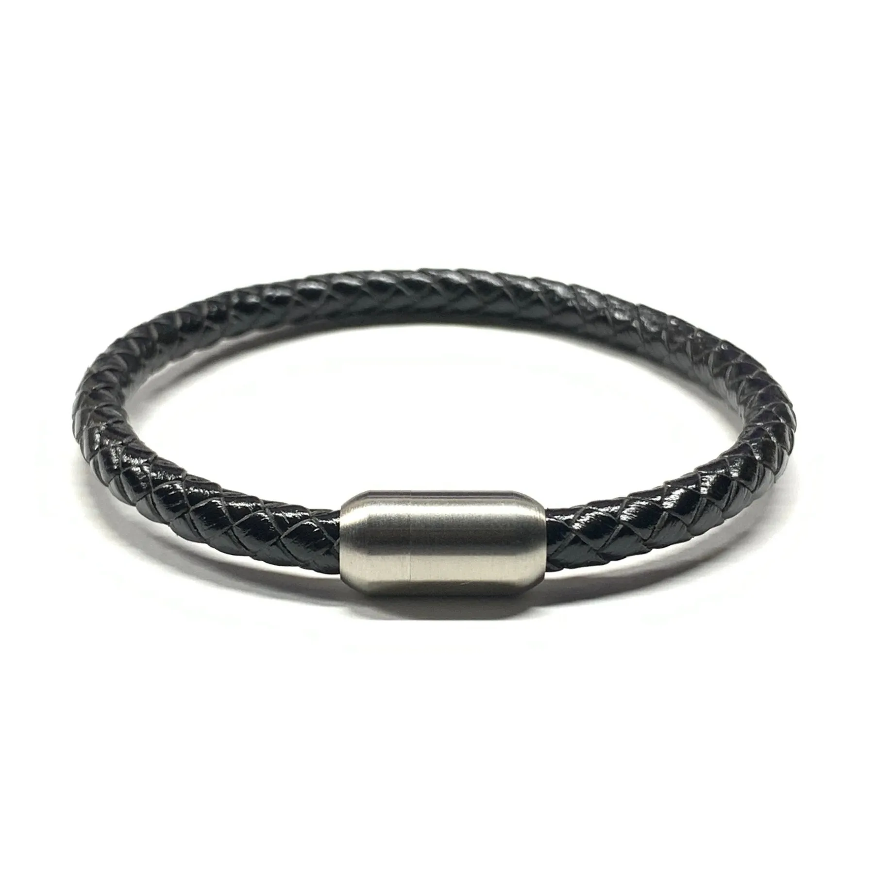 Black Leather Men’s Bracelet Gunmetal Bullet Magnetic Clasp