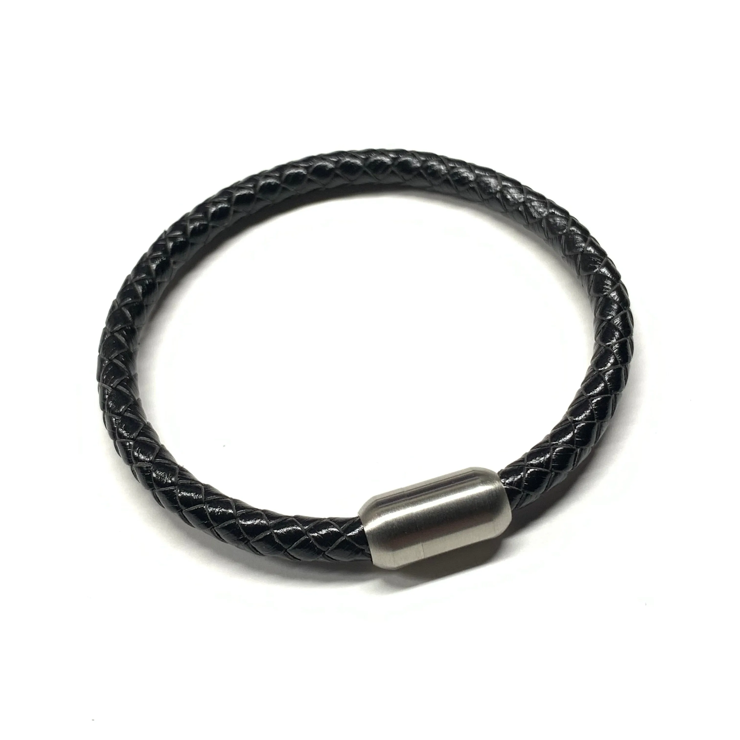 Black Leather Men’s Bracelet Gunmetal Bullet Magnetic Clasp