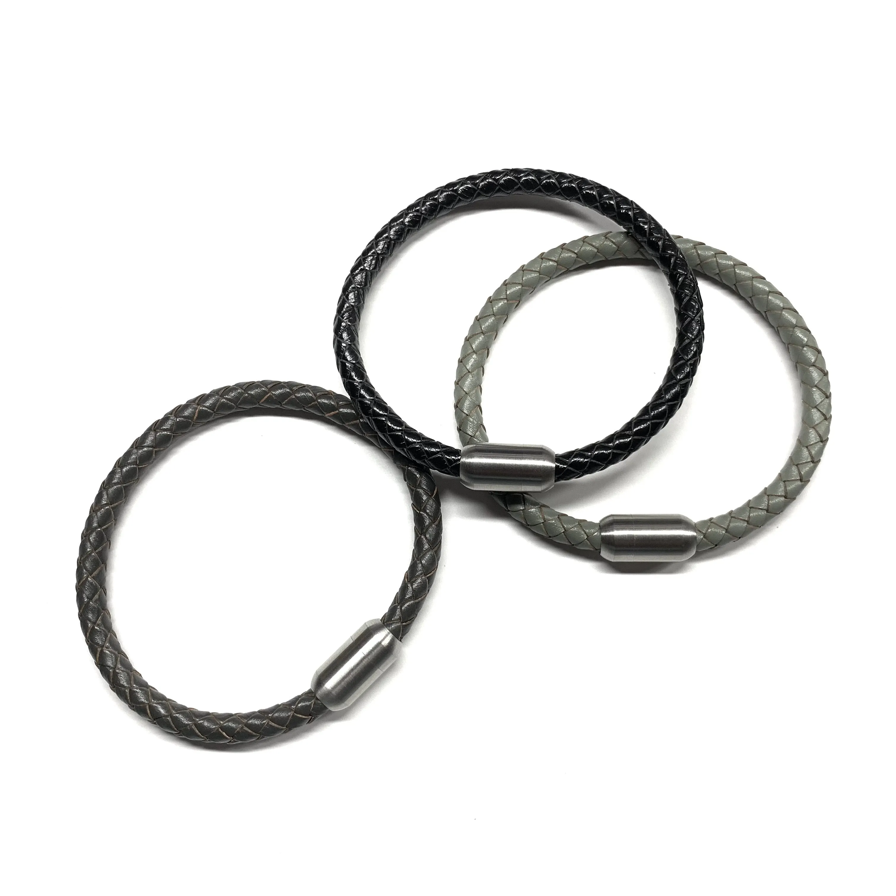 Black Leather Men’s Bracelet Gunmetal Bullet Magnetic Clasp
