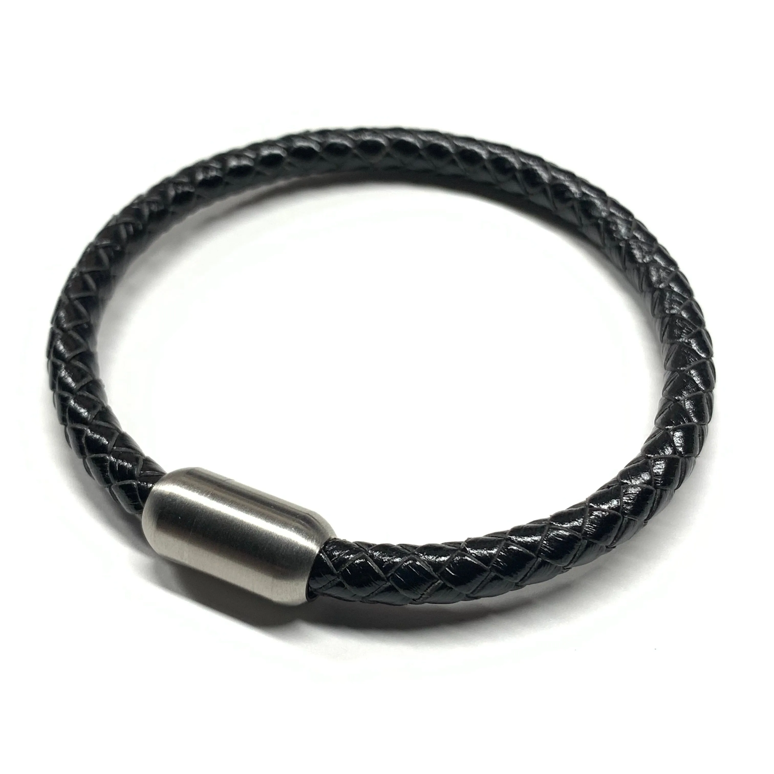 Black Leather Men’s Bracelet Gunmetal Bullet Magnetic Clasp