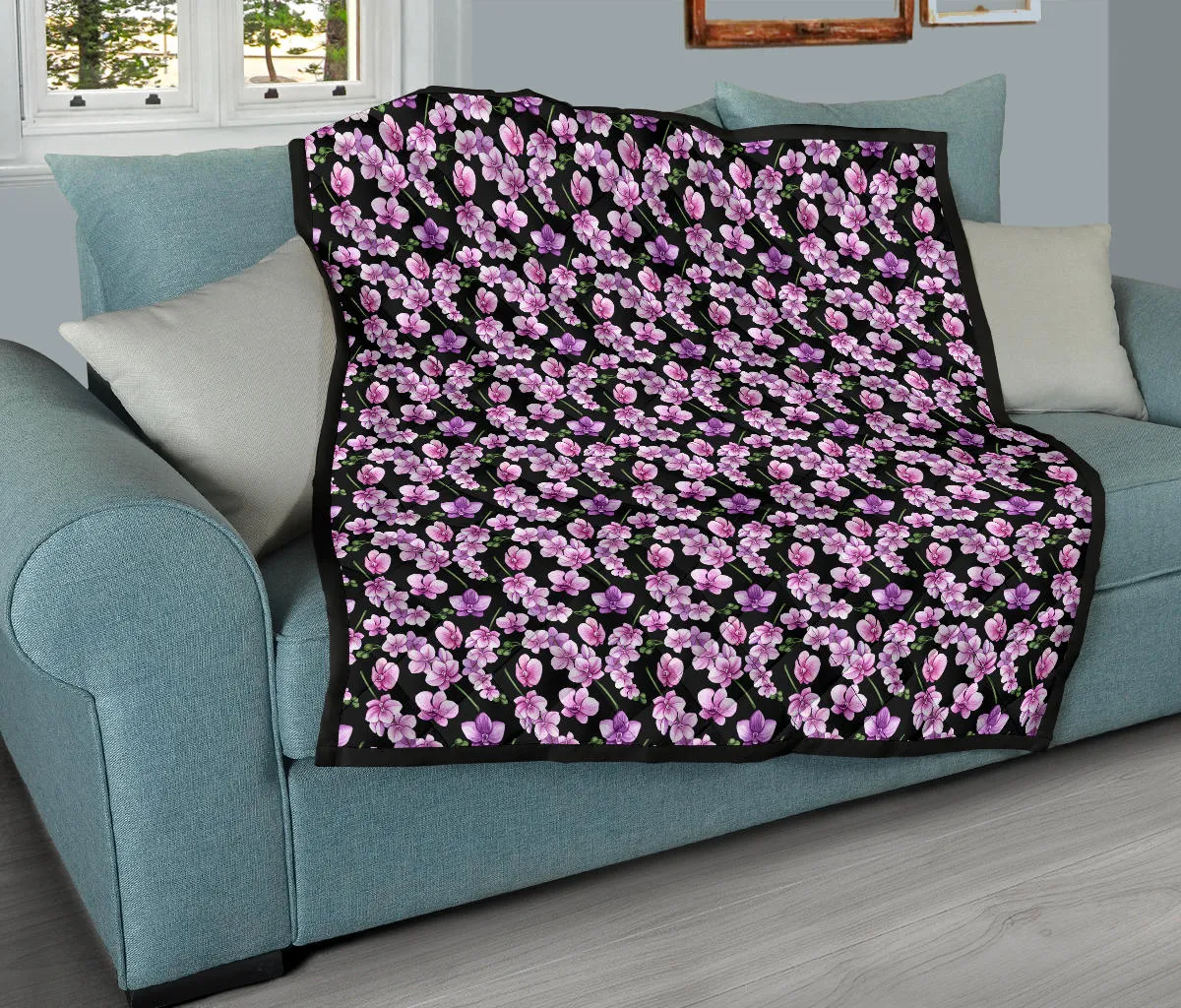 Black Pink and Purple Orchid Flower Pattern Quilt