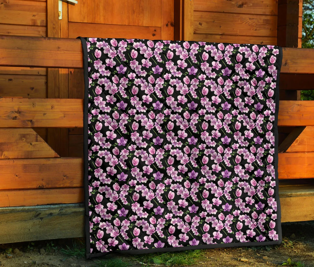 Black Pink and Purple Orchid Flower Pattern Quilt