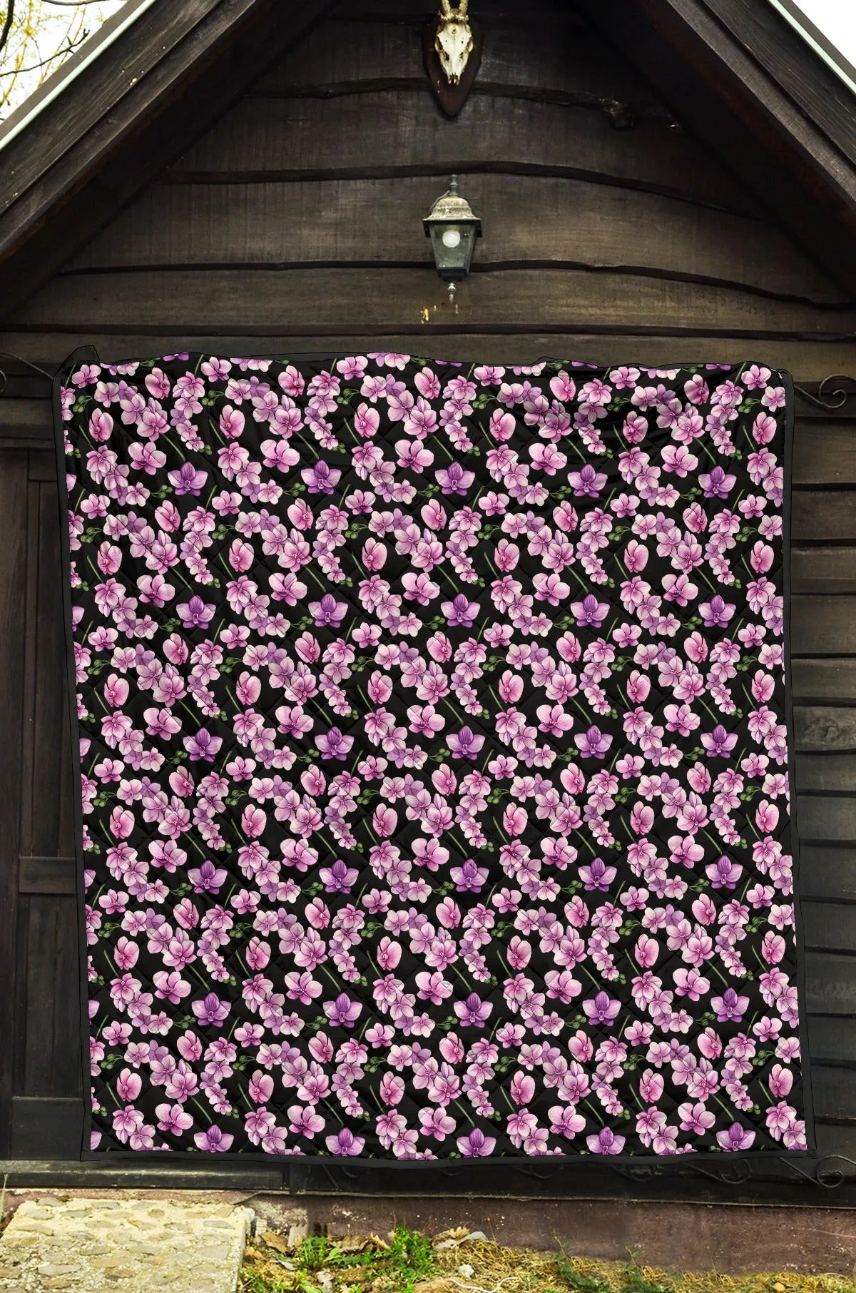 Black Pink and Purple Orchid Flower Pattern Quilt
