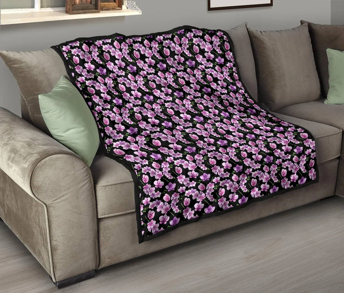 Black Pink and Purple Orchid Flower Pattern Quilt