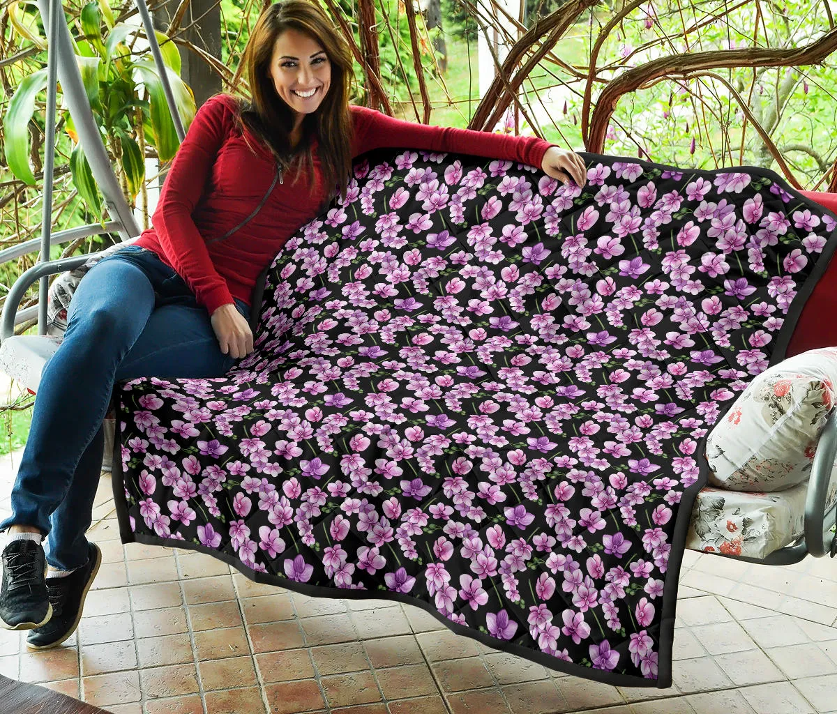 Black Pink and Purple Orchid Flower Pattern Quilt
