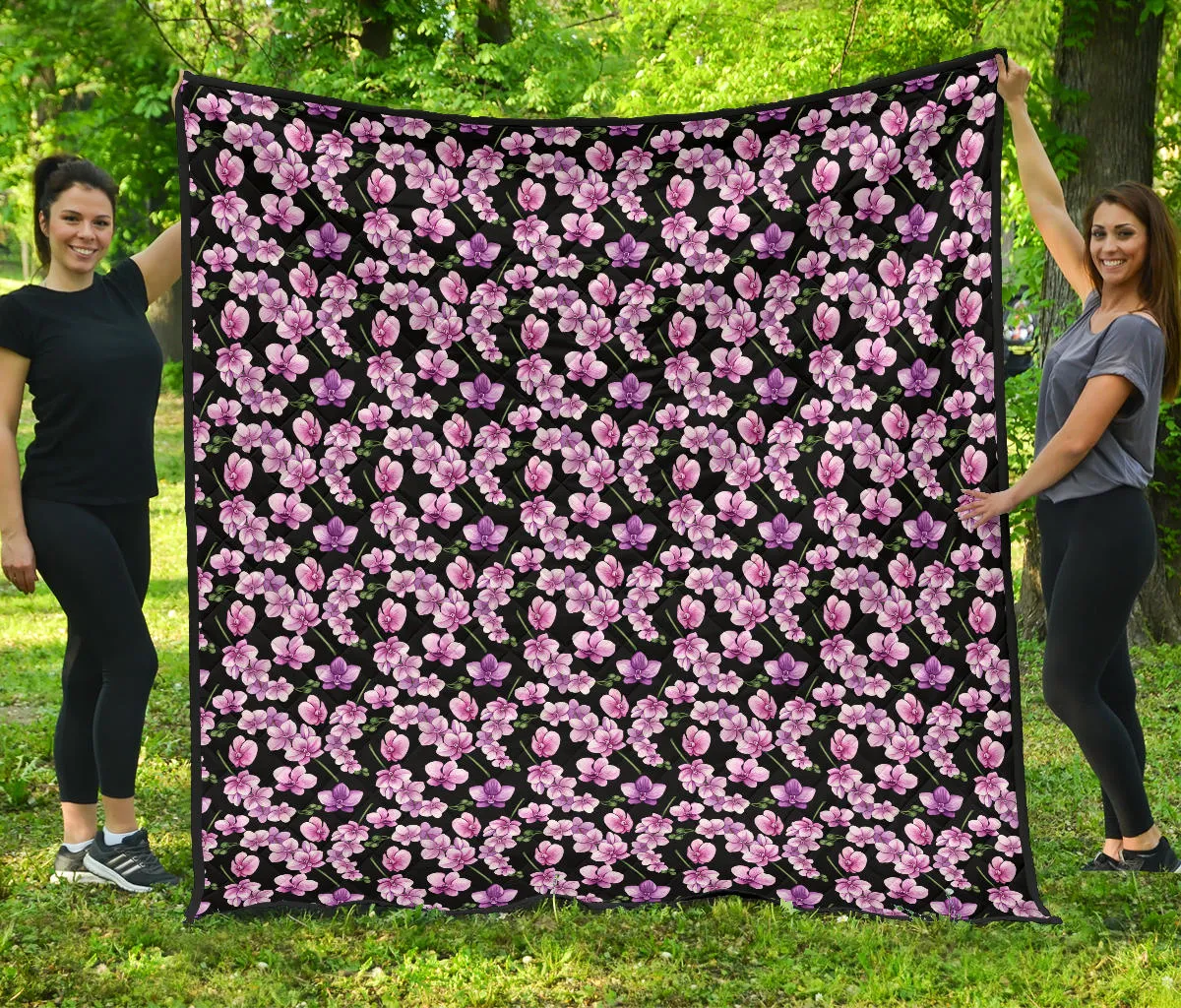Black Pink and Purple Orchid Flower Pattern Quilt