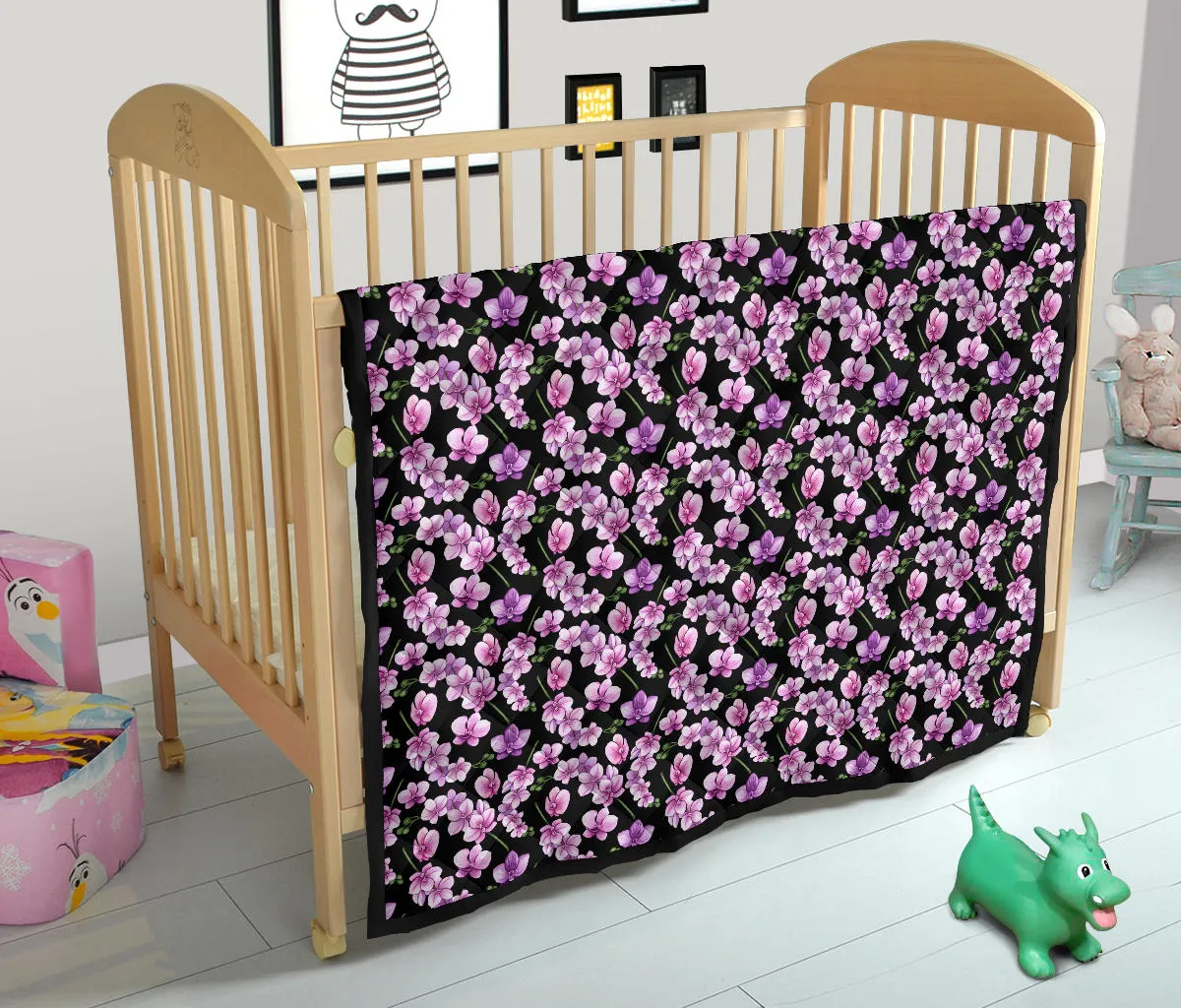 Black Pink and Purple Orchid Flower Pattern Quilt
