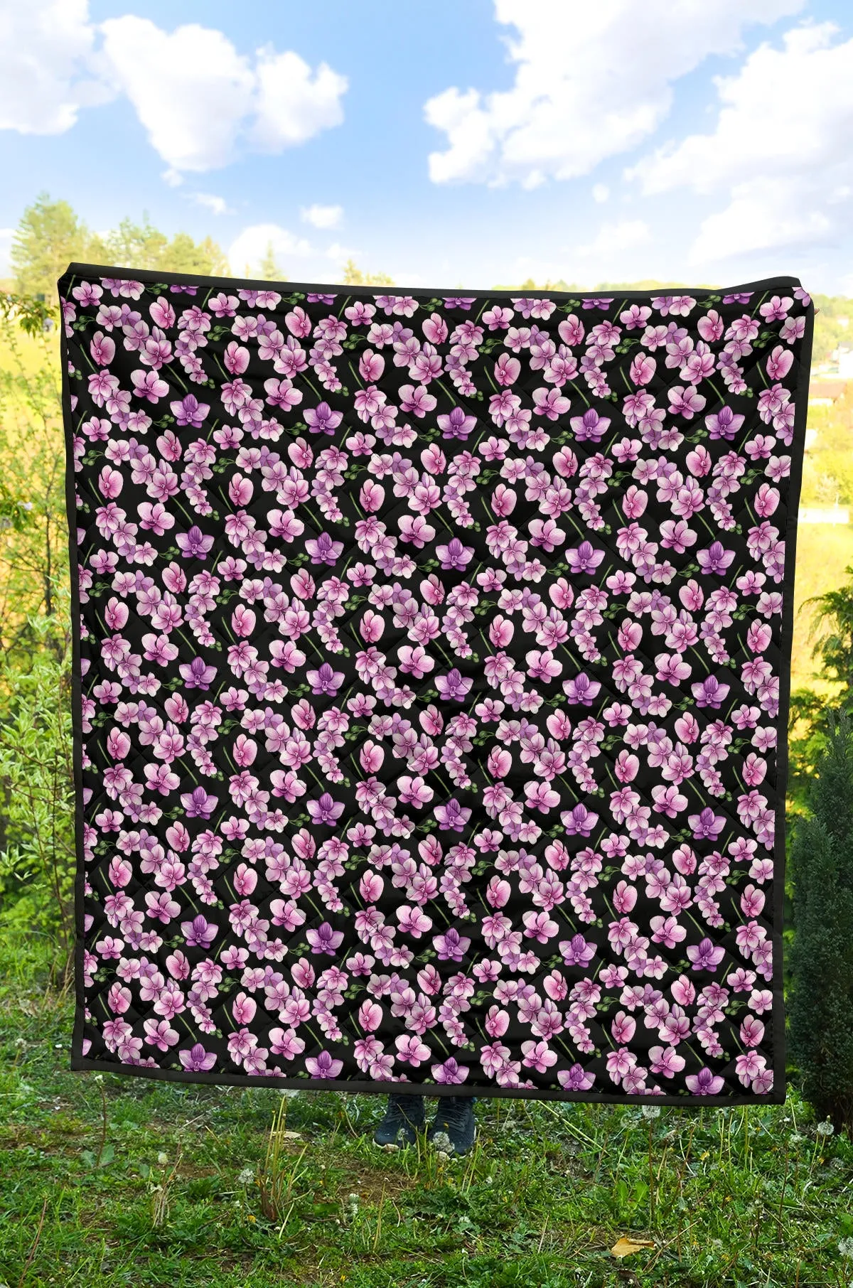Black Pink and Purple Orchid Flower Pattern Quilt