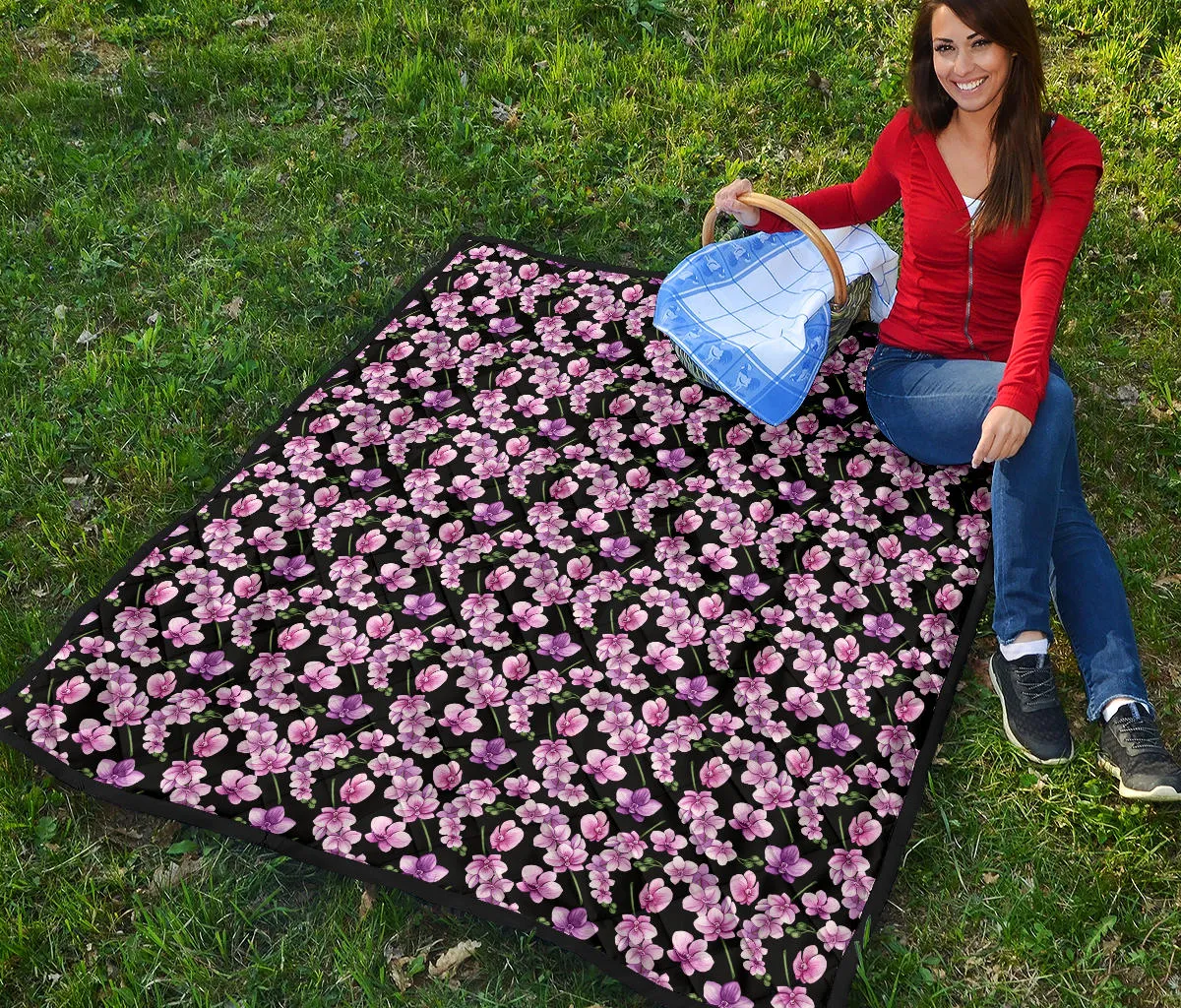 Black Pink and Purple Orchid Flower Pattern Quilt
