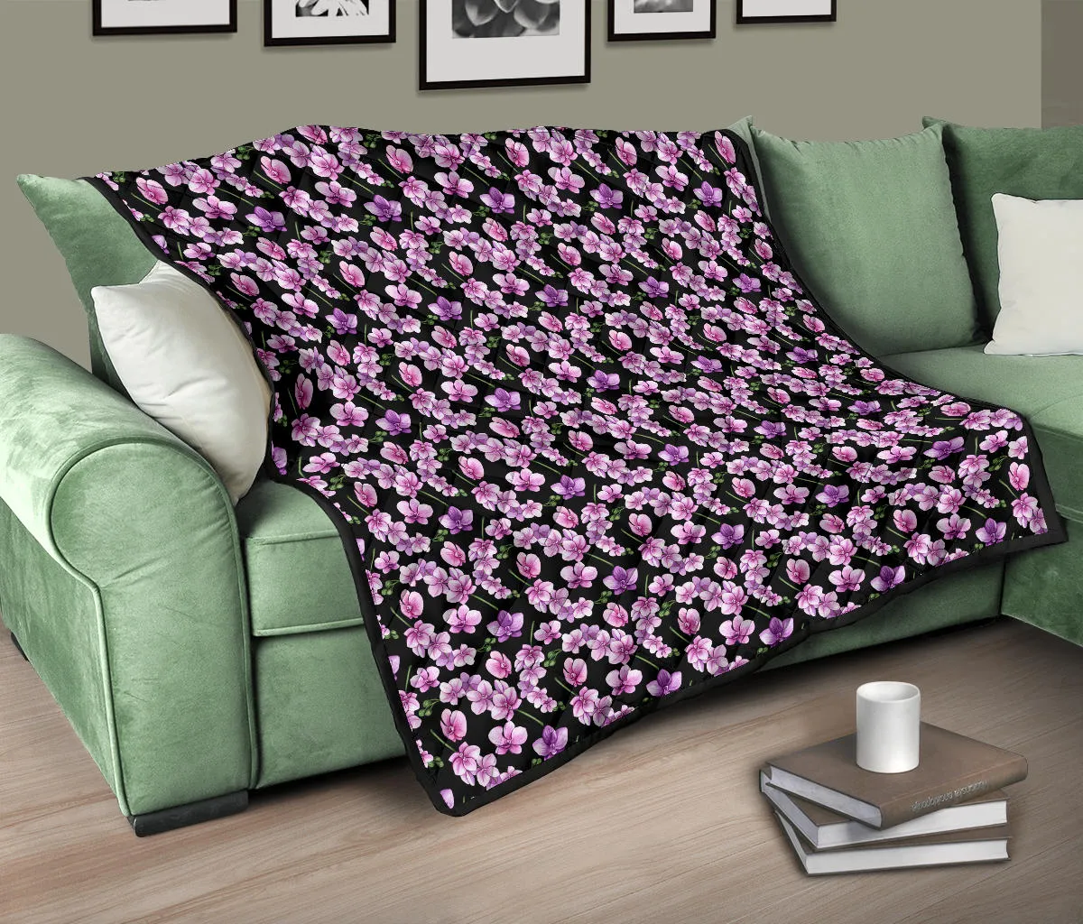 Black Pink and Purple Orchid Flower Pattern Quilt