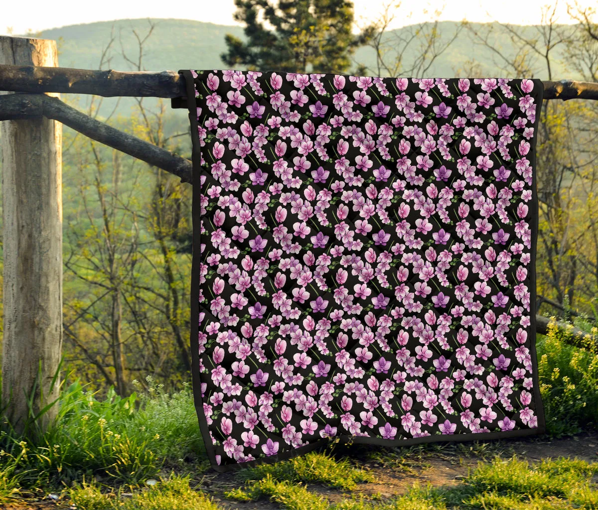 Black Pink and Purple Orchid Flower Pattern Quilt