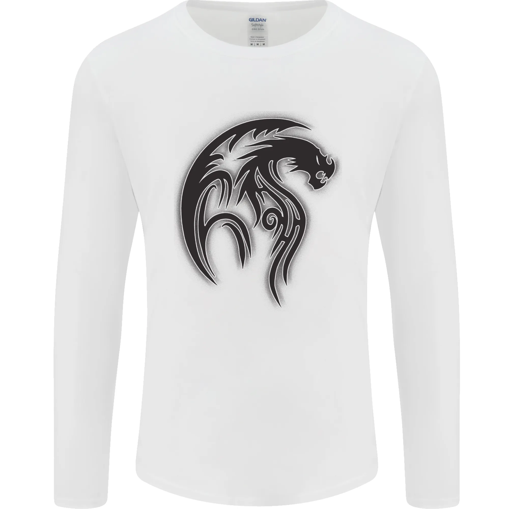 Black Tribal Tattoo Style Dragon Mens Long Sleeve T-Shirt