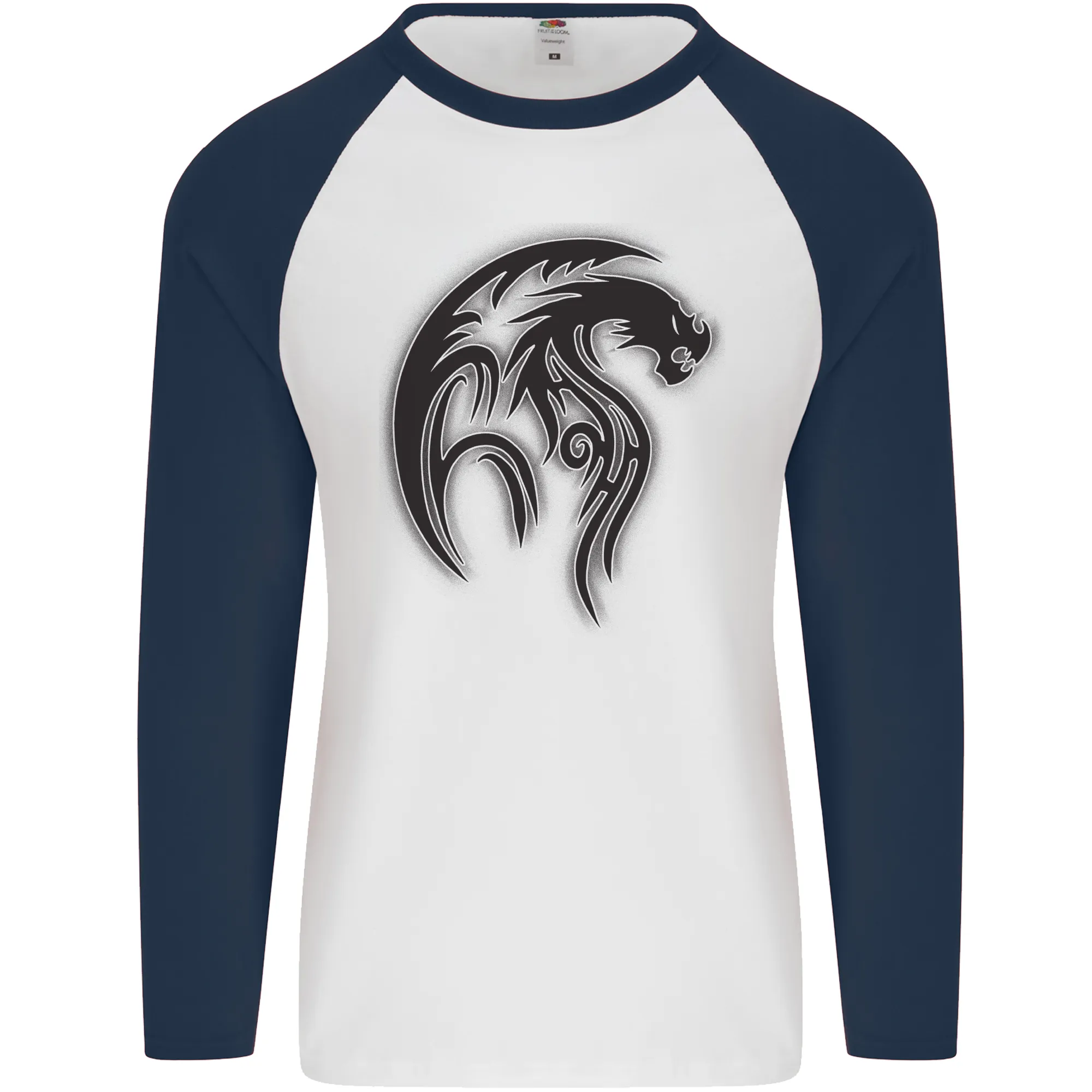 Black Tribal Tattoo Style Dragon Mens L/S Baseball T-Shirt
