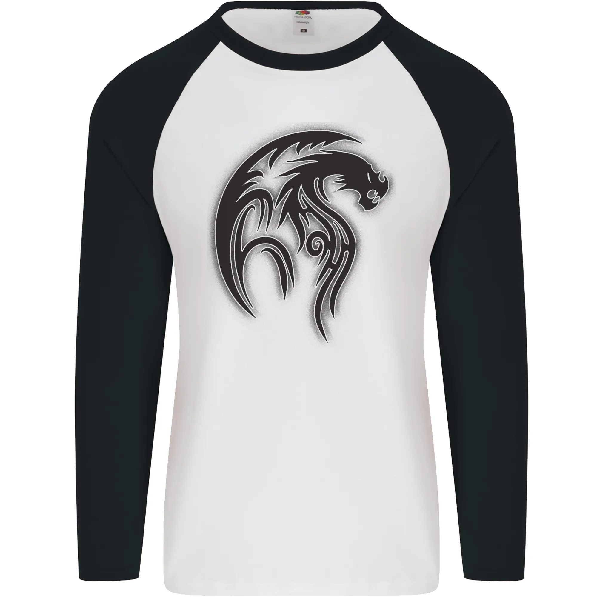 Black Tribal Tattoo Style Dragon Mens L/S Baseball T-Shirt